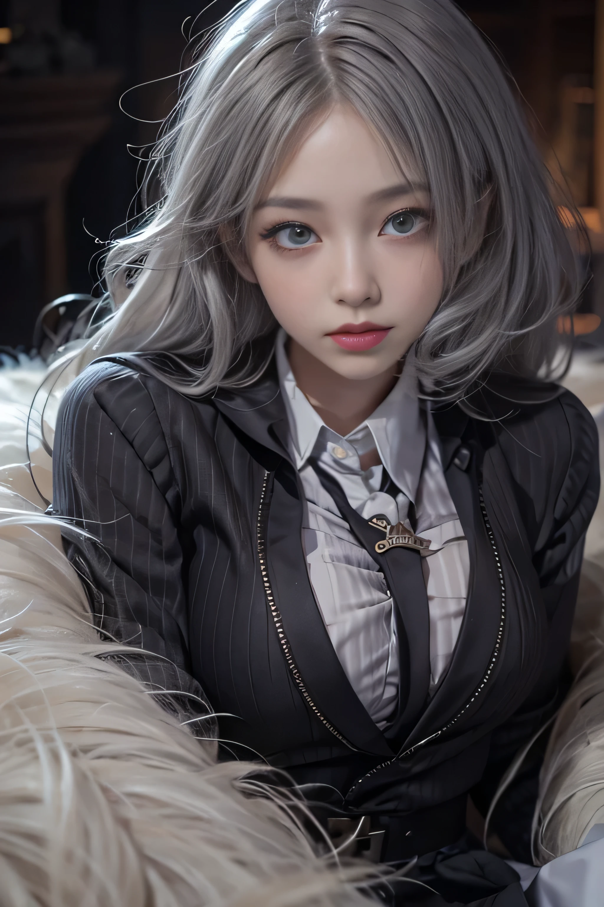 girl portrait photography, realistic, High resolution, 1 female, alone, Upper body, beautiful eyes, close your lips, detailed face, gray hair, long hair, collared shirt, black tie,black skirt, pencil skirt, fur coat, stockings、(woman lying on a fur bed)、Shyness