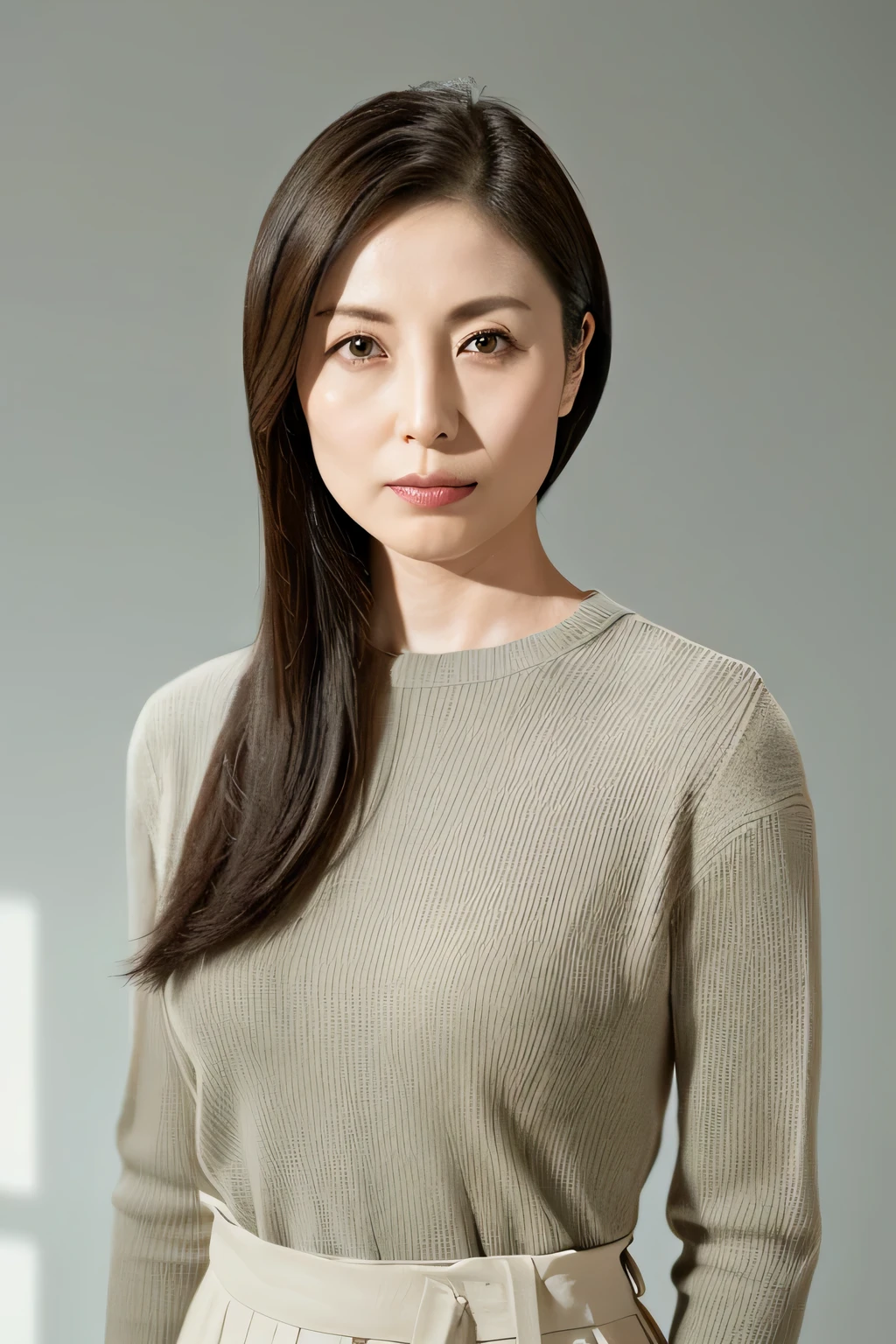 pale plain background,japanese mature, 25 years old, Beautiful woman, alone, Close your mouth and look straight ahead with a serious expression, (((stand upright, facing the center of the screen.))), Sweater for tank top, skirt, High resolution, High level image quality, high detail, rough skin, anatomically correct, sharp, cowboy shot