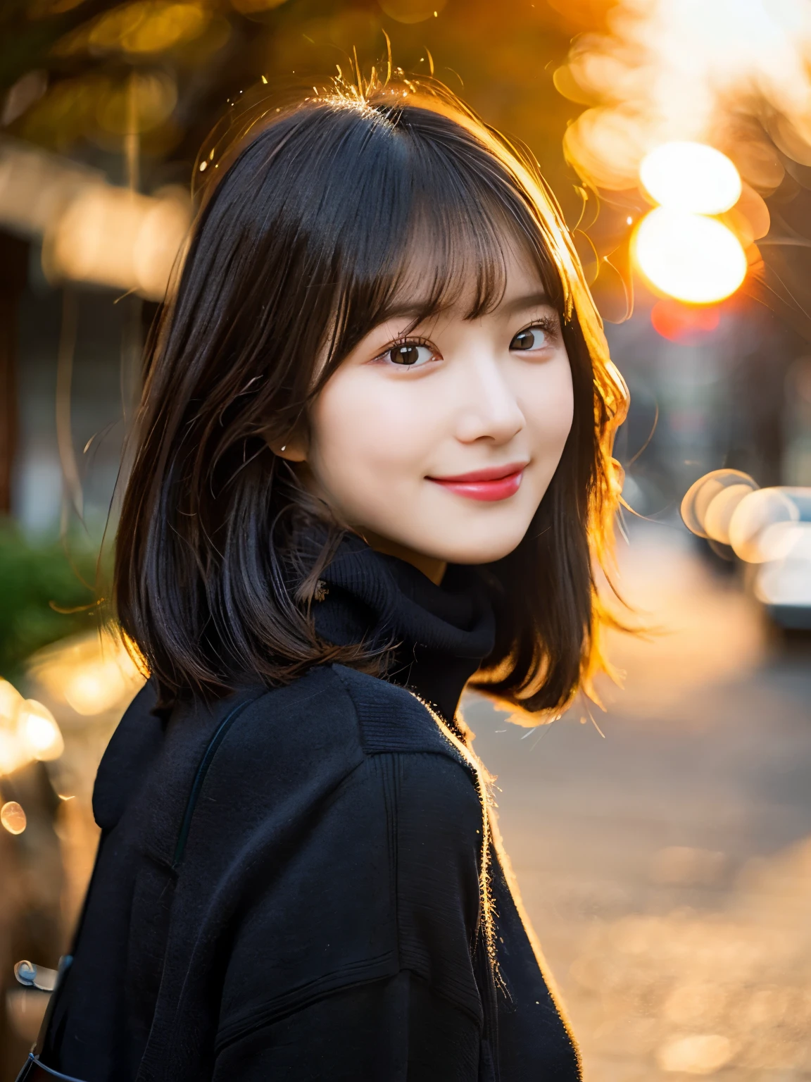 (Cute beautiful girl, soft focus, best dynamic angle, sunset backlight effect, high aesthetics, best quality, masterpiece, very detailed: 1.2), (SFW), BREAK, Girl has healthy skin and pretty smile Beauty has a neat face and glossy lips. The soft black hair with a silky bob, the glamorous and feminine busty body, the beautiful and attractive silhouette in every detail, the fashionable and chic coat and turtleneck sweater, the tree-lined avenue, the autumn, the sunset sky, the blowing wind,  ((body facing forward)),