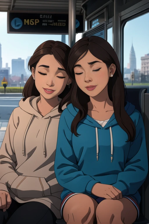 masterpiece, realistic, photography, best quality, 4k, utral detailed, detailed hands, closed eyes, detailed eyelashes, two women listening to music sharing earbuds, wearing earbuds, relationship, relaxed face, smile, closed lips, looking at each other, wearing hoodies, outside, sitting at a bus stop, city background, sitting next to each other, head on shoulder, long brown hair, facing viewer