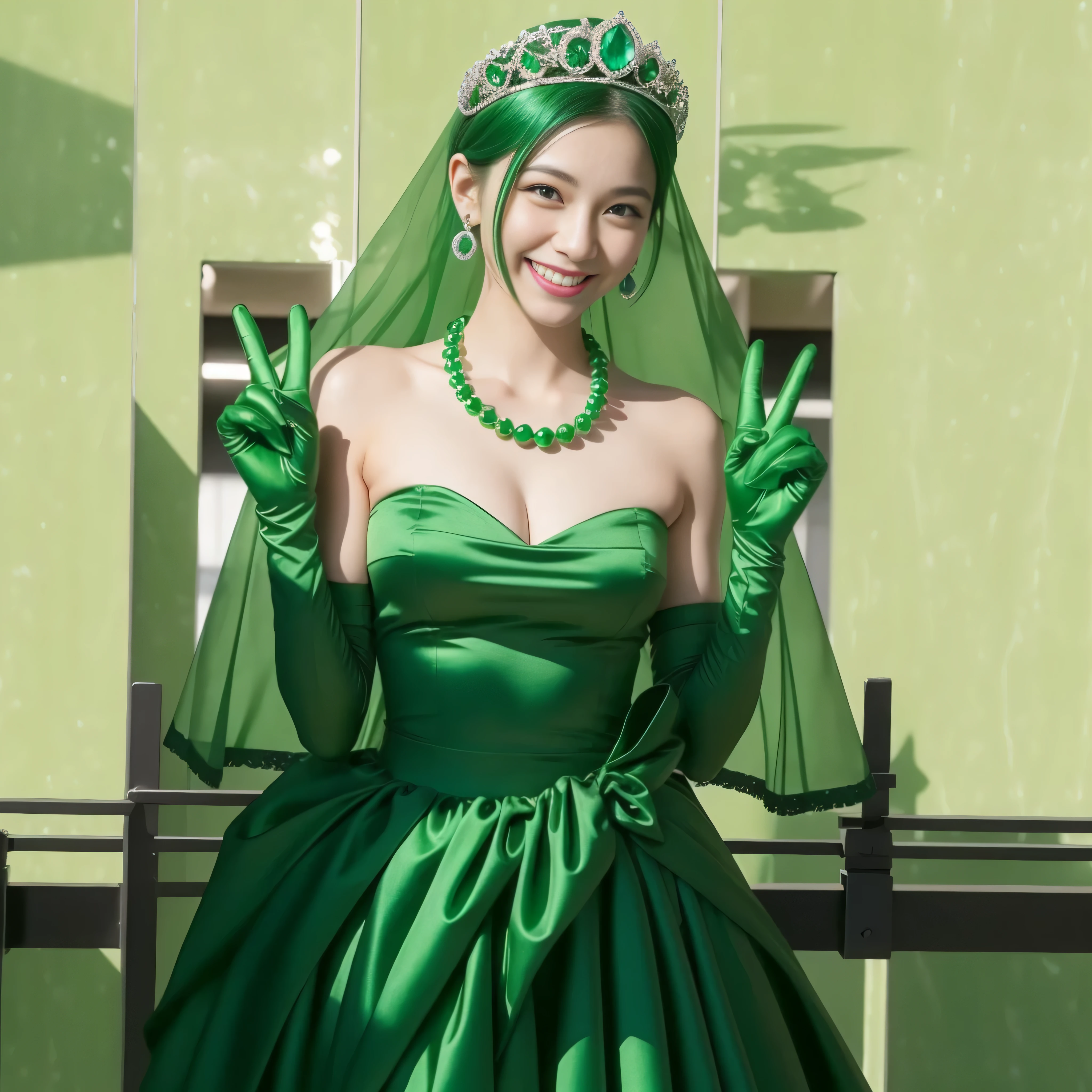 emerald tiara, green pearl necklace, ボーイッシュな非常に短いgreen hair, lipstick, smiling Japanese woman, very short hair, big breasts beautiful, green eyes, Long Green Satin Gloves, green eyes, V sign, emerald earrings, green veil, green hair