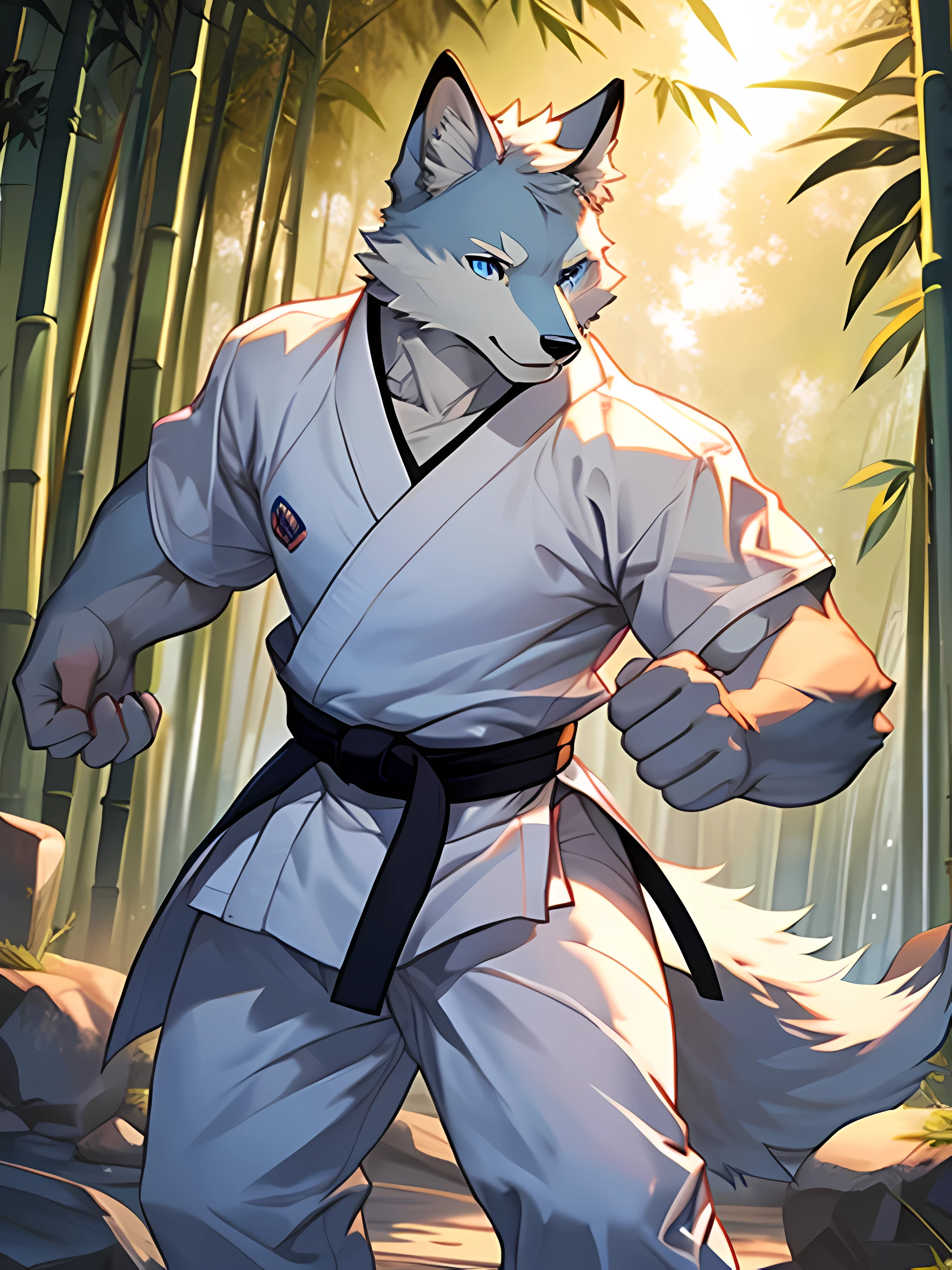 arctic fox,light blue eyes,Realistic eye detail,Have well-proportioned muscles,Wear a karate uniform,Practicing karate under the bamboo tree,Evening