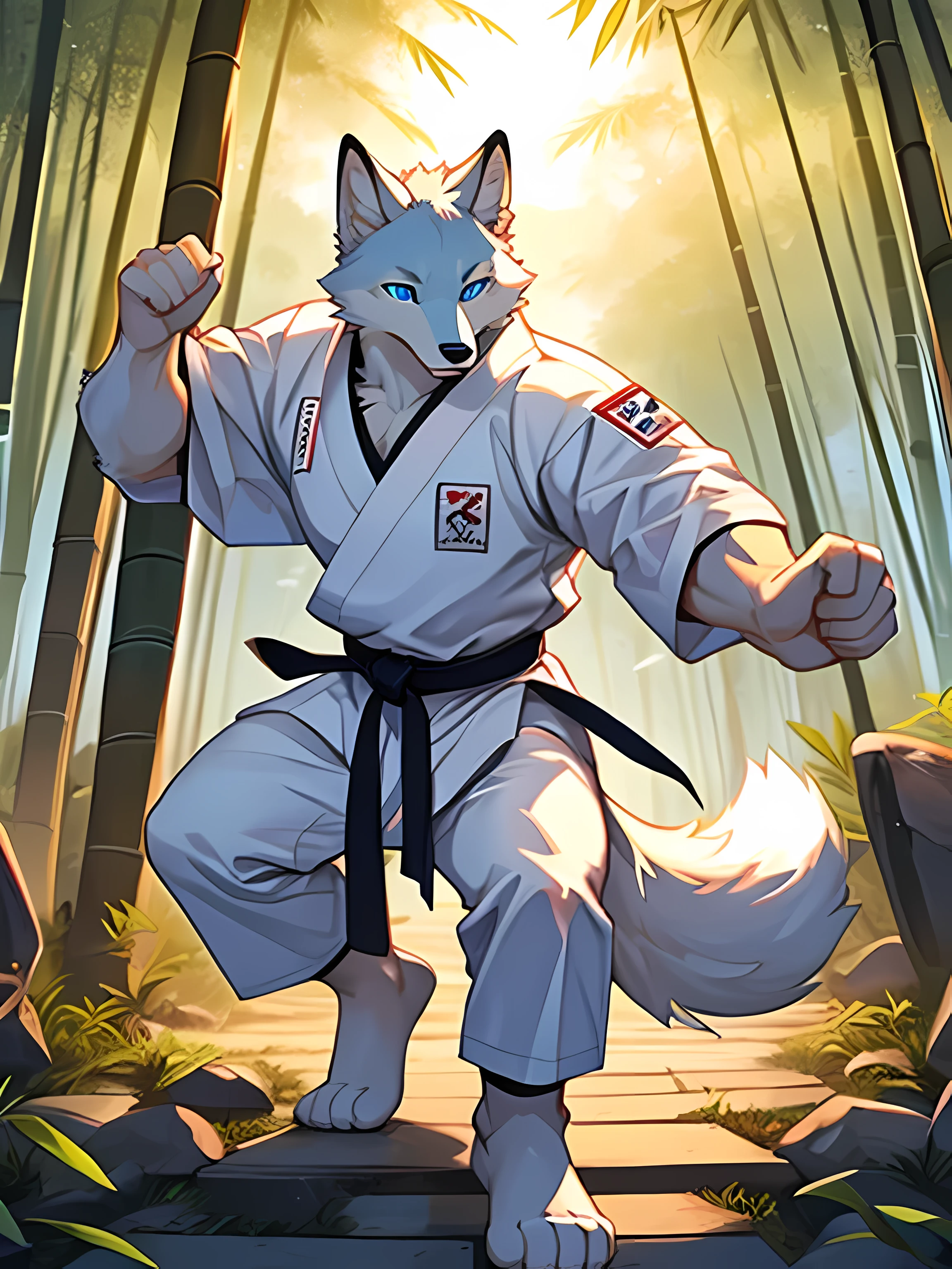 arctic fox,light blue eyes,Realistic eye detail,Have well-proportioned muscles,Wear a karate uniform,Practicing karate under the bamboo tree,Evening