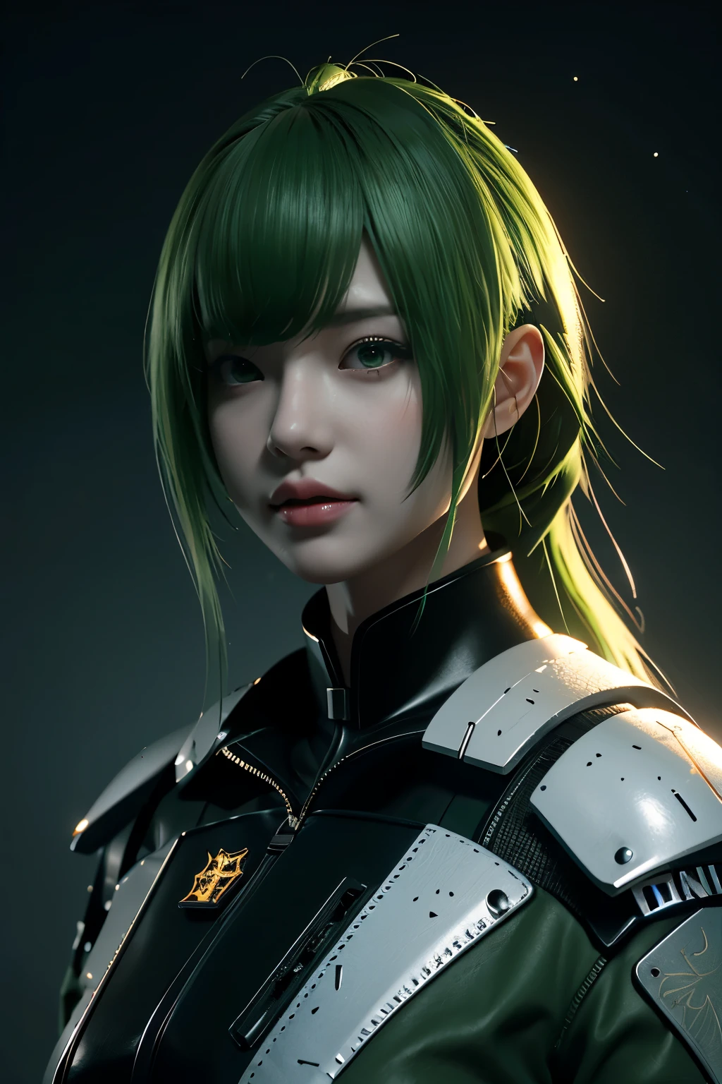Game art,The best picture quality,Highest resolution,8K,((A bust photograph)),((Portrait)),(Rule of thirds),Unreal Engine 5 rendering works, (The Girl of the Future),(Female Warrior), 22岁少女,(Female hackers),(A gradation of green hair,Long hair casual),(A beautiful eye full of detail),(Big breasts),(Eye shadow),优雅迷人,微笑,(皱眉),(A futuristic military jacket,Underwear full of technology,The costume combines the characteristics of a police uniform,Joint Armor,A fine badge and pattern),赛博朋克人物,未来风格, 拍照姿势,城市背景,Movie lights,Ray tracing,Game CG,((3D Unreal Engine)),oc渲染反射纹