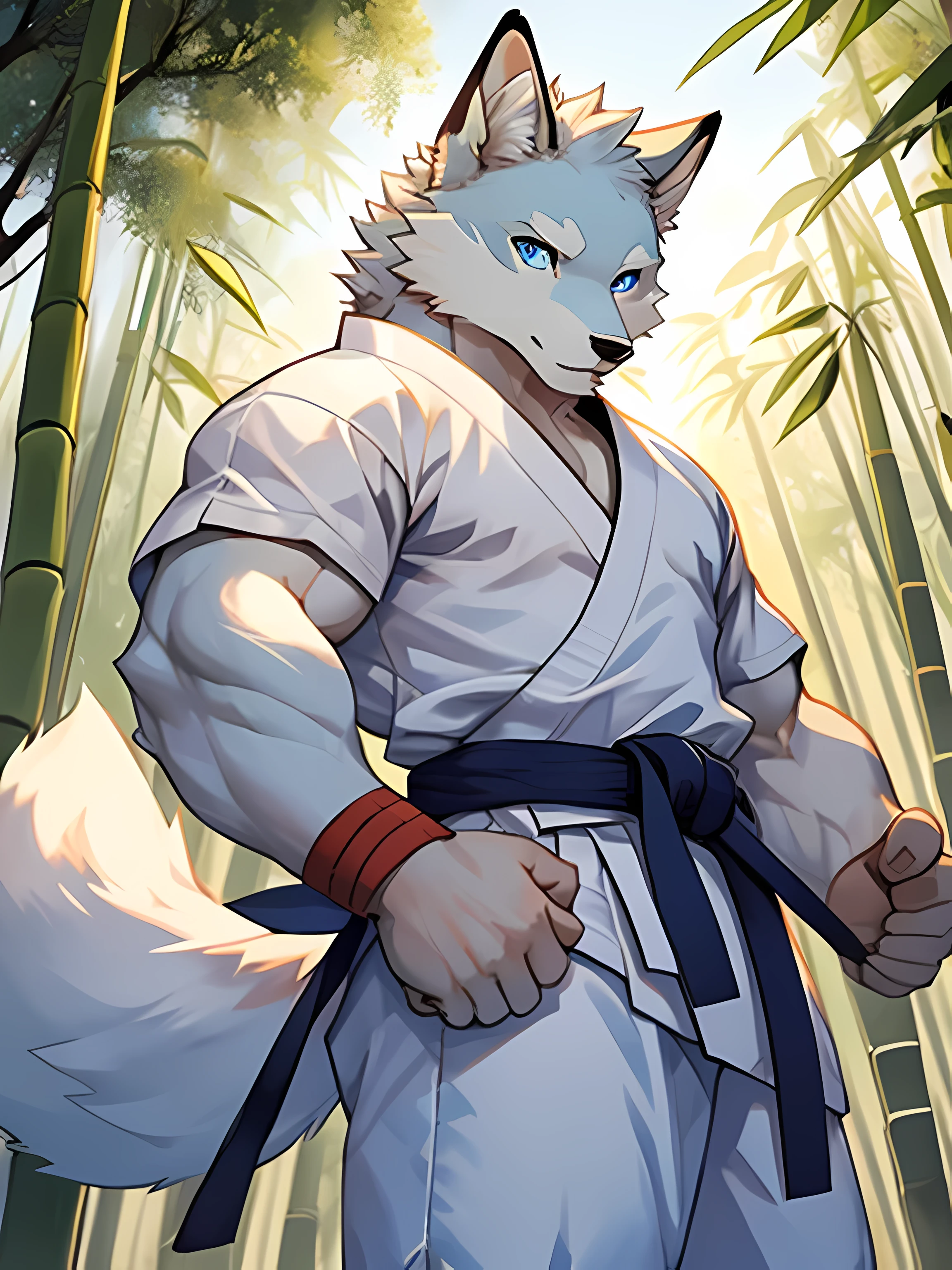 arctic fox,light blue eyes,Realistic eye detail,Have well-proportioned muscles,Wear a karate uniform,Practicing karate under the bamboo tree,Evening