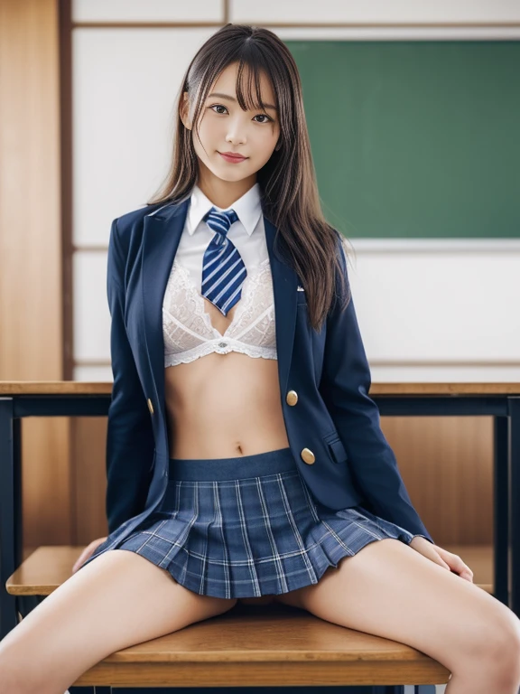 masutepiece, Best Quality, japanaese girl, 8K, Raw photo, top-notch quality, masutepiece, nffsw:1.2, exceptionally detailed RAW color photo, professional-grade photograph, (Realistic, Photorealistic:1.37), (highly detailedskin:1.2), Ultra-high resolution, (lenz 50mm), (masutepiece, top-quality:1.3), (Ultra detailed 8K cg:1.2), (hyper realisitic:1.35), (Photorealistic:1.45), (Realistic:1.4), Cowboy Shot,
1 beautiful Japanese girl, , schoolgirl, school uniform, super model, Japanese Idol, Fluttering chest、Roll up the skirt, check skirt, tits out、Cleavage of、bra very、 Emphasize、Large breasts, (sitting on the desk:1.1), (School uniform:1.4), (Spread legs:1.2),
(School classroom background:1.1)、hposing Gravure Idol、Adults、女優