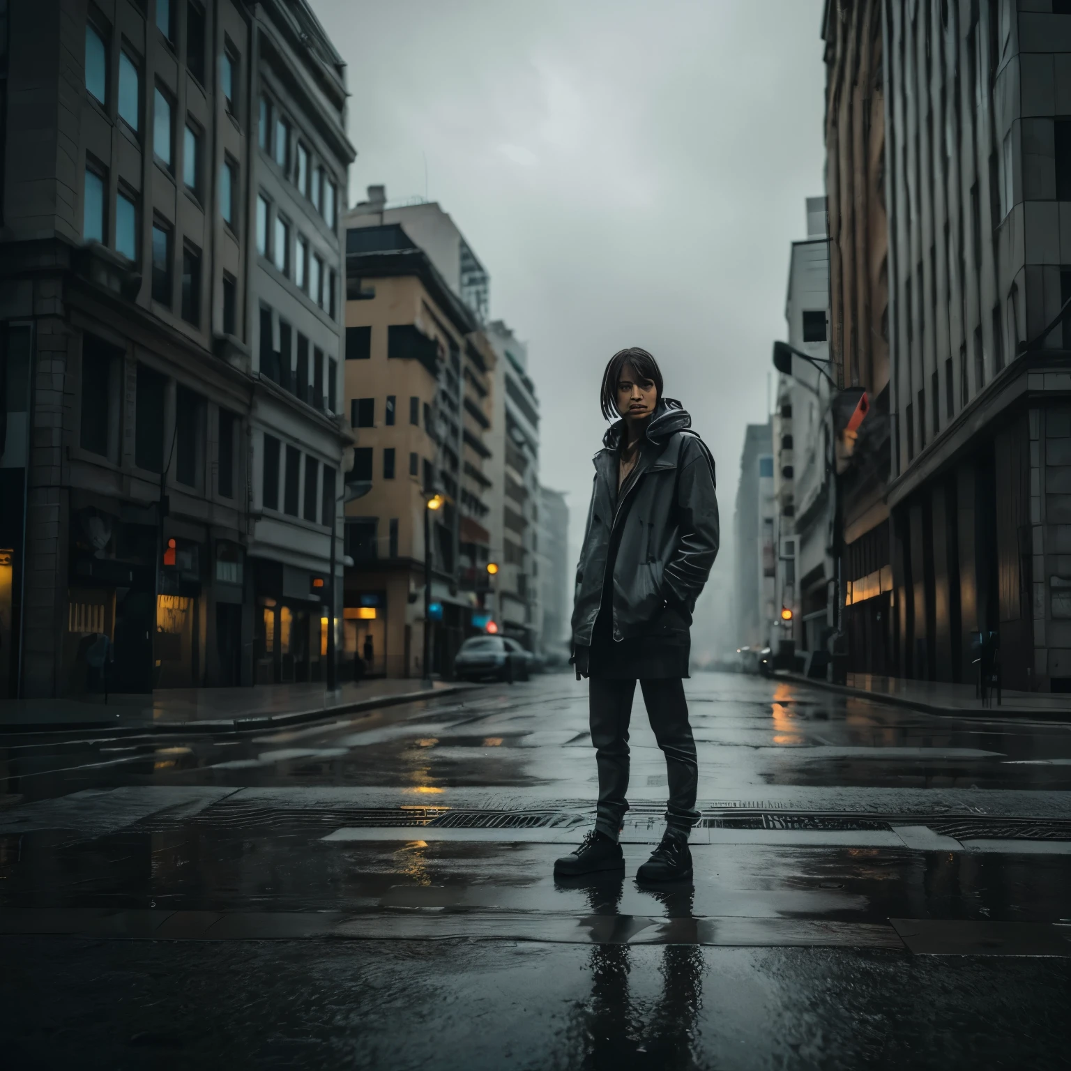 ultra detailed, high quality, 4K, city, sky, sad, desperate, gray background, outside, in the city, dark atmosphere, full body shot, brown
