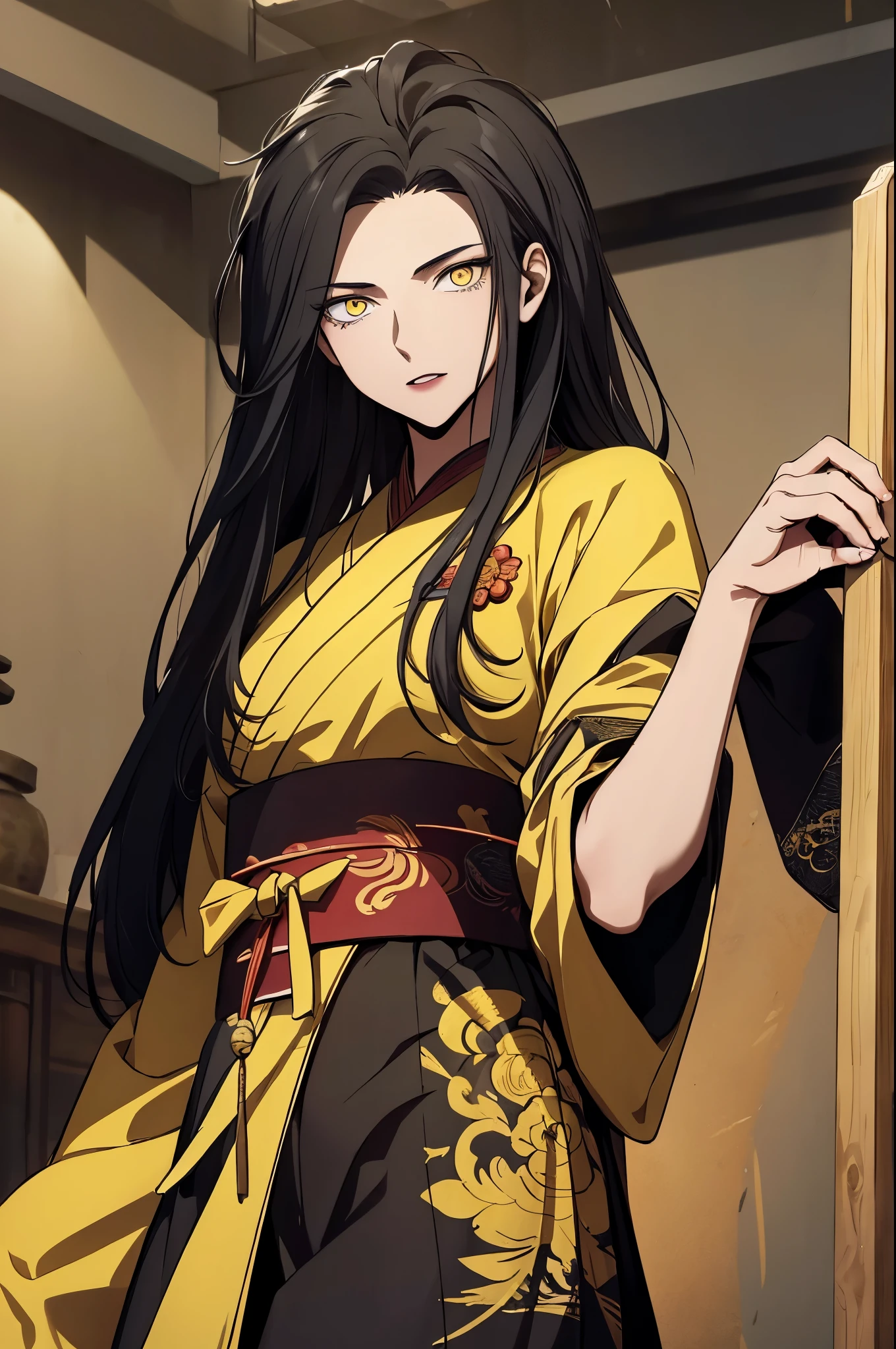 ((Daoist robe)),black hair,yellow eyes,(high quality eyes),masterpiece, best quality, high quality