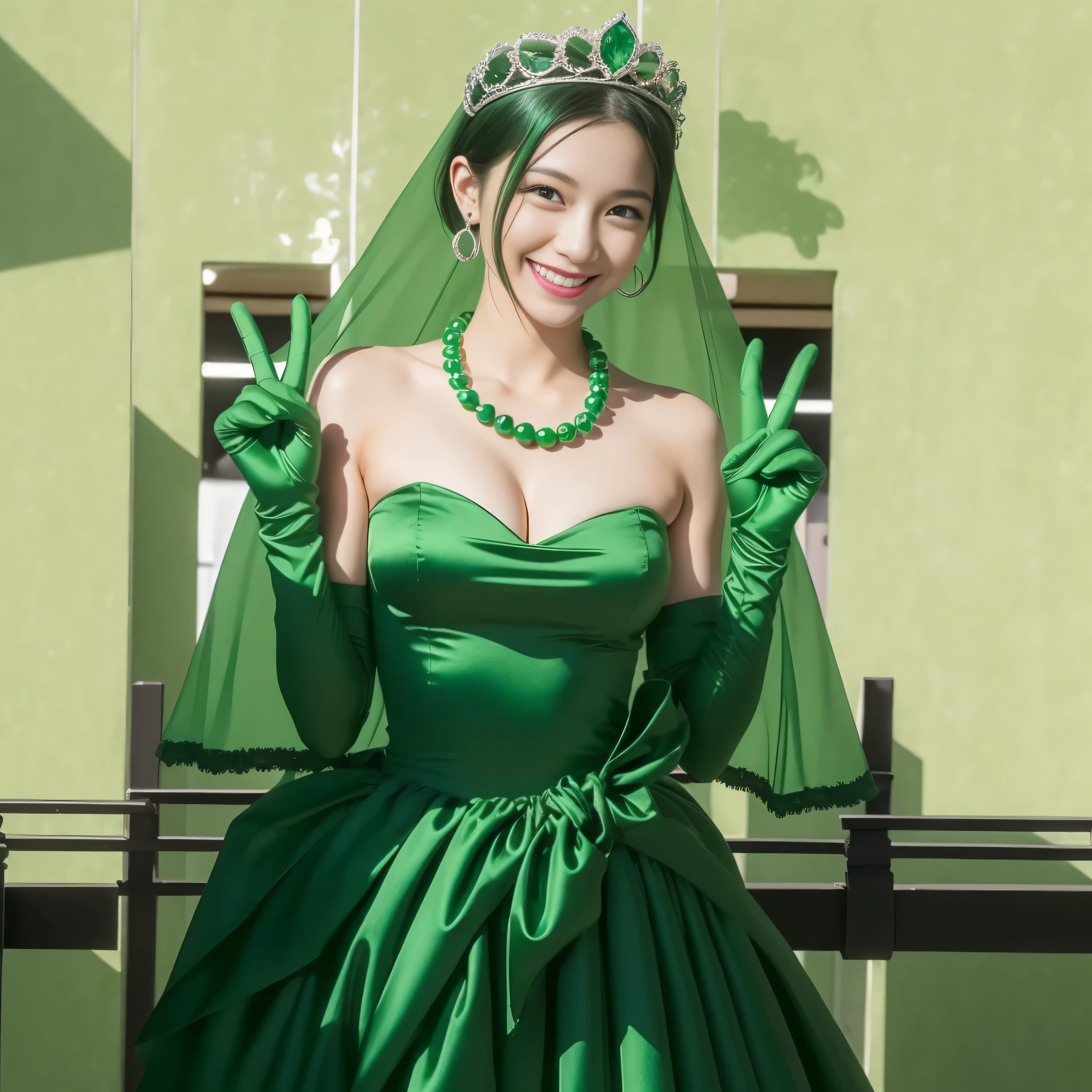 emerald tiara, green pearl necklace, ボーイッシュな非常に短いgreen hair, lipstick, smiling Japanese woman, very short hair, big breasts beautiful, green eyes, Long Green Satin Gloves, green eyes, V sign, emerald earrings, green veil, green hair