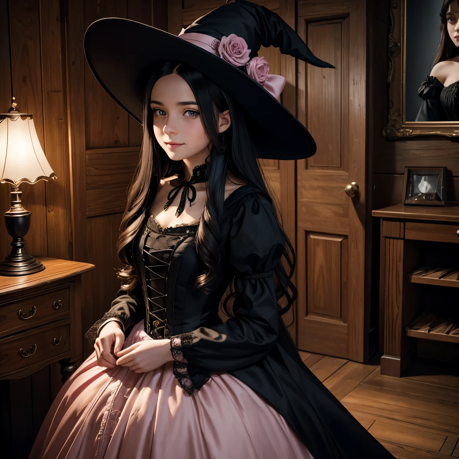 best quality,ultra-detailed,realistic,photorealistic,pink-eyed,long-haired girl looks happy,beautiful detailed eyes,beautiful detailed lips,long eyelashes,best quality portrait painting,detailed,physically-based rendering,ultra-fine painting,fine details,painting,a teenage boy has been magically transformed into a cute witch girl,gender bending,black victorian dress,stunning black victorian dress,girl happily getting dressed in a stunning black victorian dress, high heels, pink-eyed girl,effeminate face,pointy hat,pink eyes,long black hair,help getting dressed, witches assisting in dressing up,promptly helps the girl get dressed in a stunning black Victorian dress, in a wooden cabin with old furniture and occult symbol, high resolution, 4K, 8K