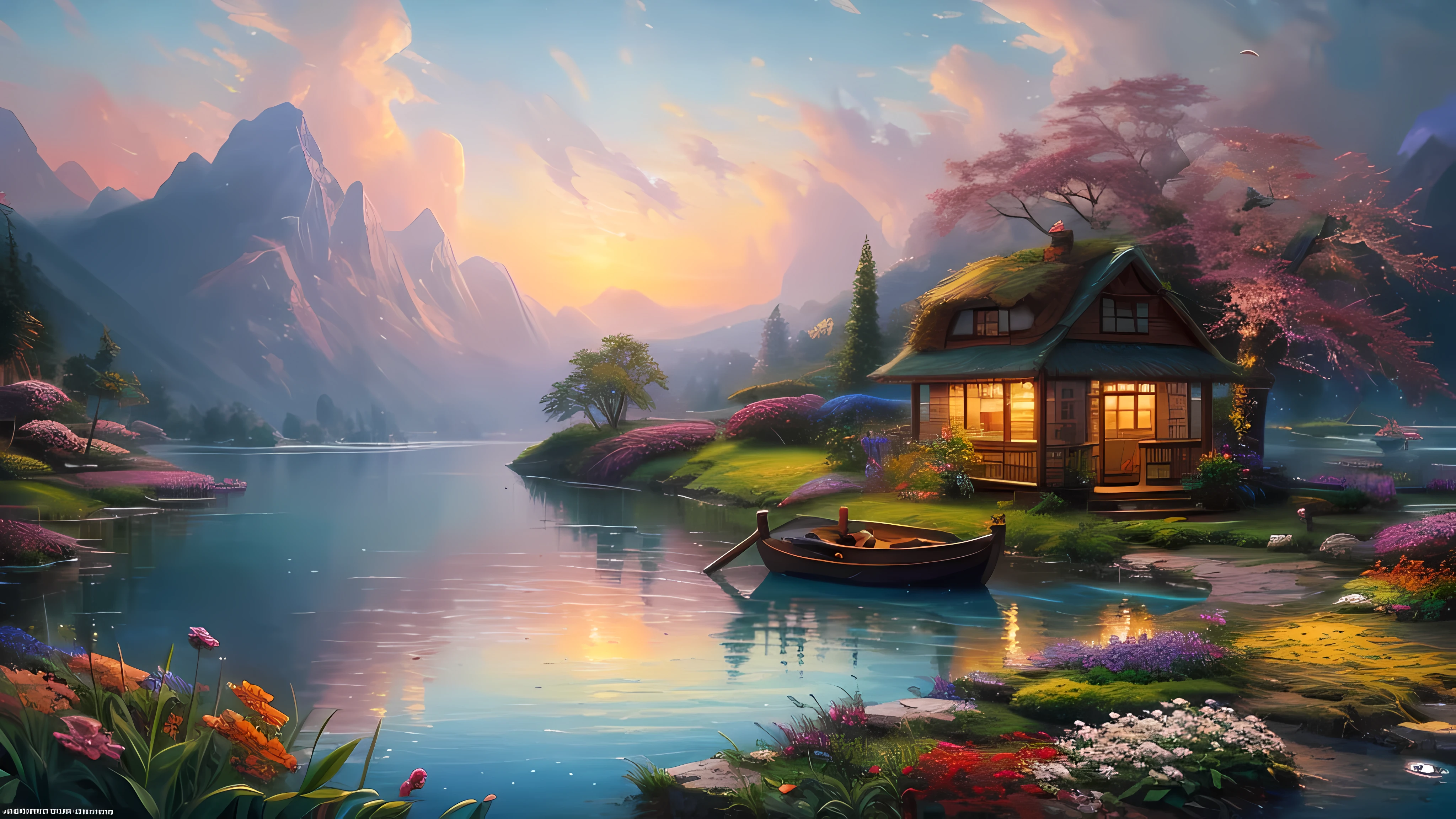 landscape, water, hut, smokes, boat in the water, flowers ,stream, full color (Extremely detailed CG unified 8k wallpaper), most beautiful artwork in the world, Professional atmospheric oil painting, complicated, high detail, sharp focus, dramatic, realistic art, style of thomas kinkade