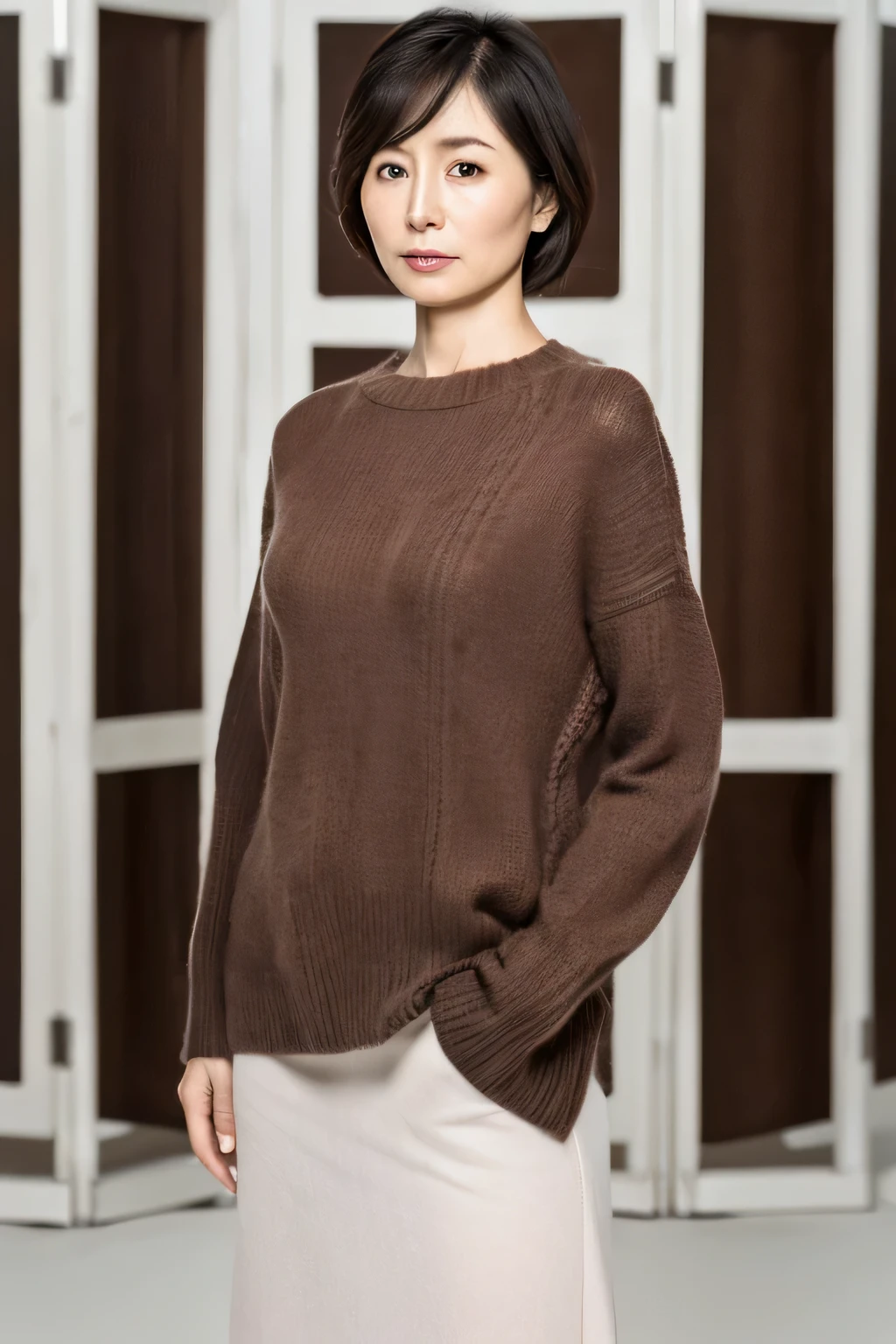 pale plain background,japanese mature, 25 years old, Beautiful woman, alone, Close your mouth and look straight ahead with a serious expression, (((stand upright, facing the center of the screen.))), Sweater for tank top, skirt, High resolution, High level image quality, high detail, rough skin, anatomically correct, sharp, cowboy shot