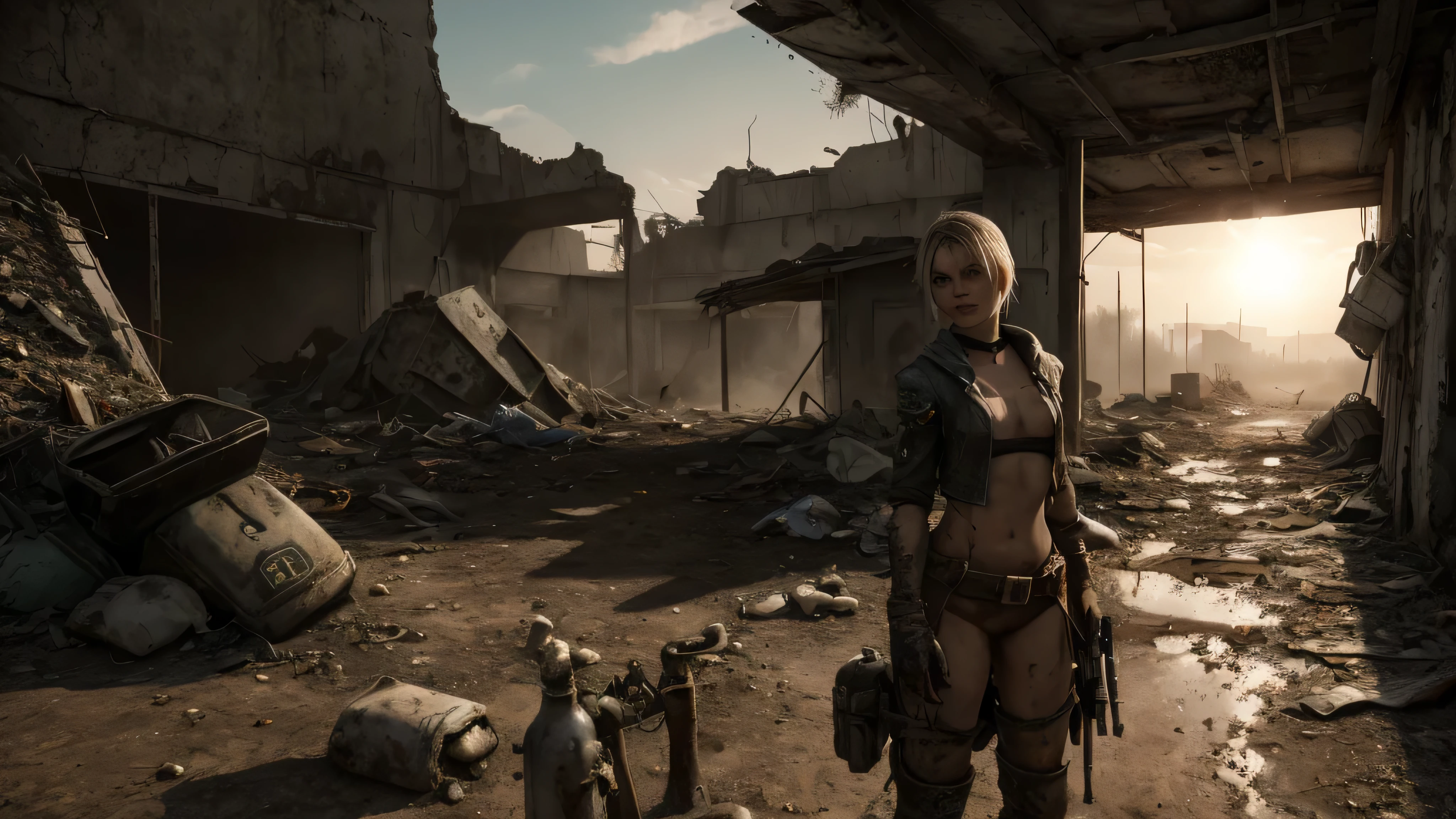 A female survivor in the wasteland. apokalyptisches Setting. Short blonde haircut. Haar mit Undercut. Sehr blasse Haut. Rundes weiches Gesicht. Rundes, weiches Kinn. Runde weiche Wangen. Geschwungene Lippen. stupsige Nase. dunkelbraune Augen. zur Kamera gerichtete Augen. very thin, thin eyebrows. Schlank. kleine Brust. lange dicke Beine. freundlich. Art. androgyn. Burschikos. Wears the used clothing of a wastelander. Hintergrund: An apocalyptic wasteland. Staubig und deprimierend.