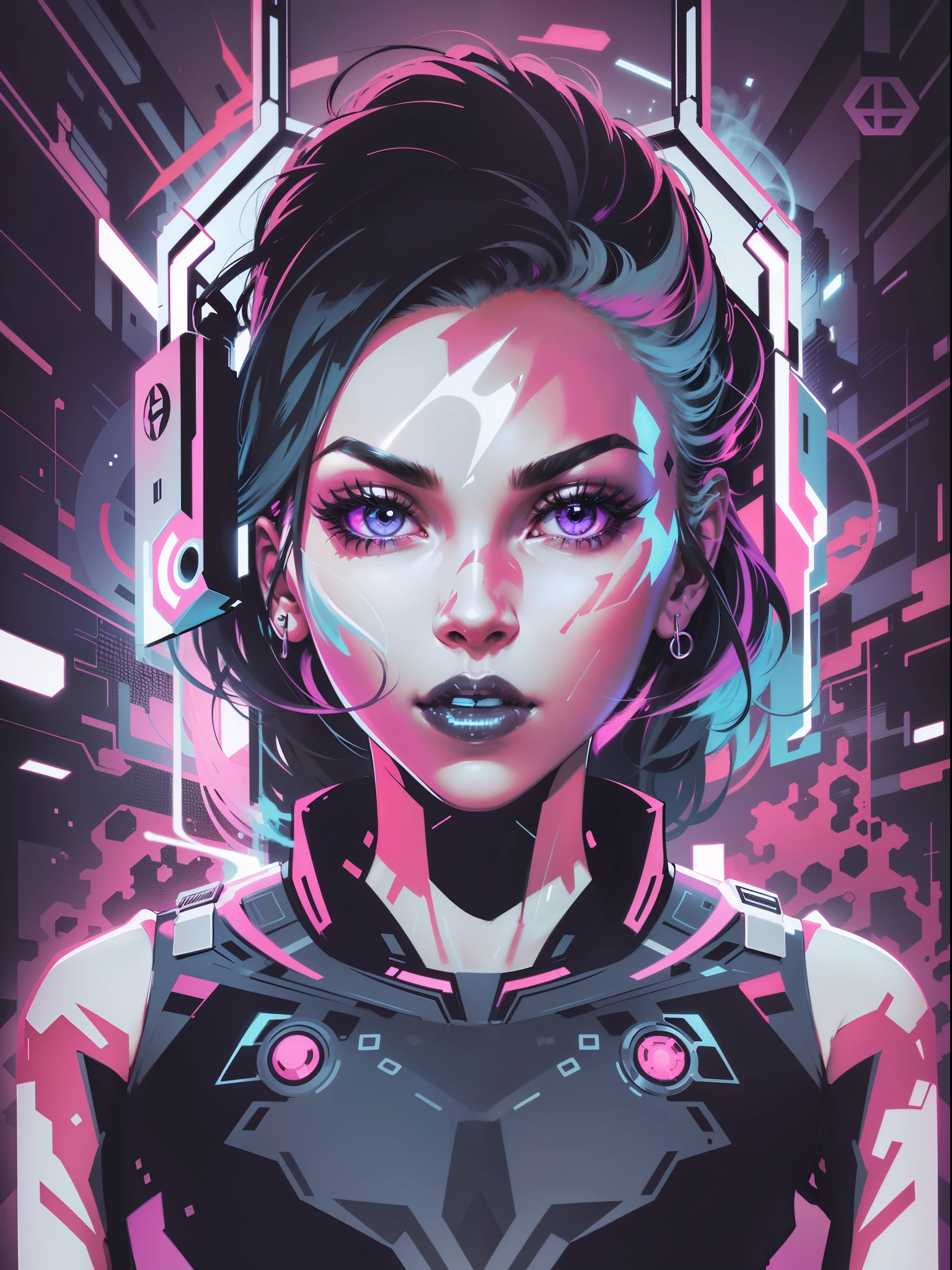 Kari Wurher, sleek futuristic outfit, sci-fi, portrait, (best quality, highres:1.2), vibrant colors, dynamic lighting, glowing effects, metallic texture, detailed face, fierce expression, confident pose, angular lines, trendy hairstyle, striking makeup.