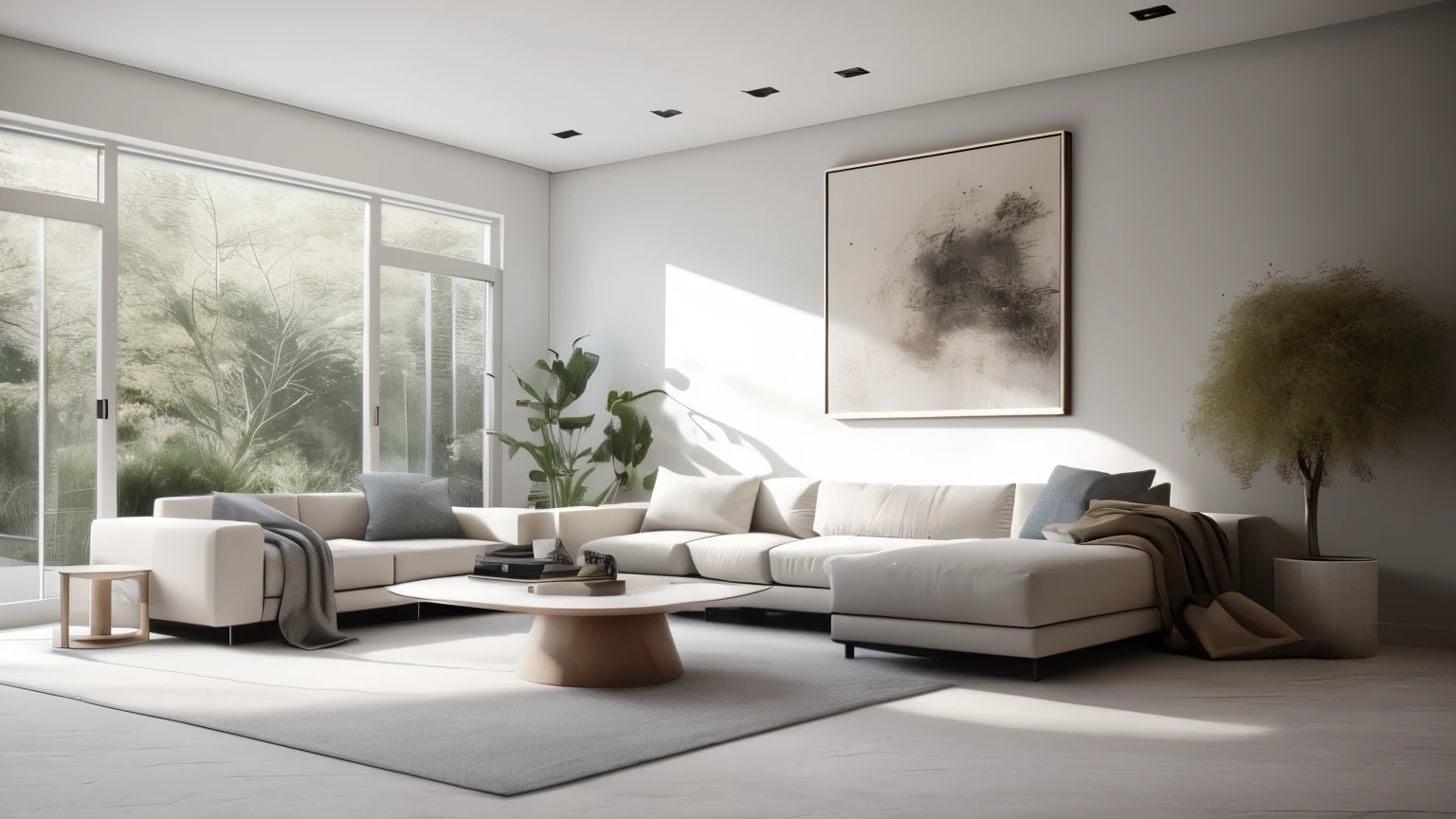 ((best quality)), ((masterpiece)), (detailed), perfect face, hyper ultra realistic photographs full body of Embrace the serenity of a minimalist living room. A sleek, low-profile sofa in crisp white anchors the space, complemented by clean lines and uncluttered surfaces. Soft hues of gray and beige create a calming atmosphere, while a single statement sculpture adds a touch of intrigue. Large windows flood the space with natural light, inviting you to breathe in and let go. ratio 16:9, 4k, 8k resolution, High quality photo, high detailed, imagesharp focus, Cinematic lighting,hyperdetailed & Unreal engine, detail, realism, photography,cinematography, camera NIKON, lens NIKKOR flagship, masterpiece. hyper-maximalism, ultradetailed photorealistic, light skin imperfections, final render, vray