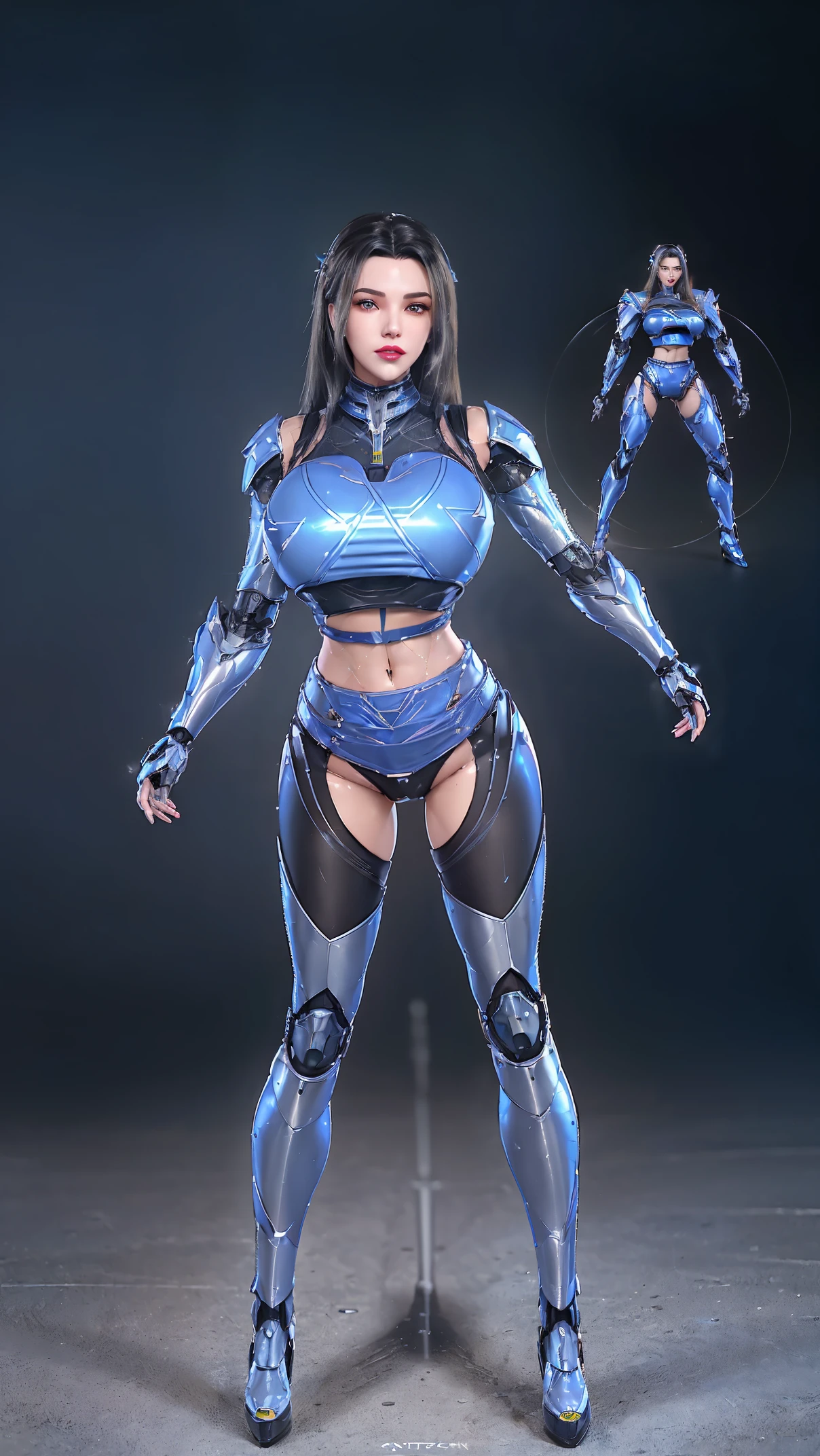 physically-based rendering, (girl alone:1.5), (muscular body),(huge fake breast:1.5), street city, slim waist, big buttocks, (Full body:1.3), standing, skintight leggings, (wearing futuristic mecha armor full set crop top:1.5).