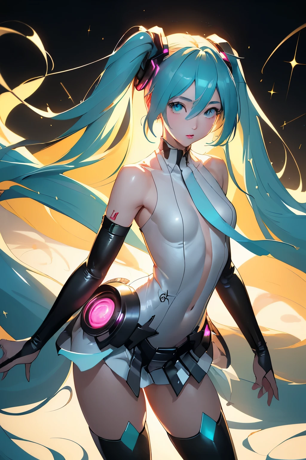 (((1girl))), (((Waifu, VOCALOID, Miku Hatsune Waifu))), (((Long Hair, Twintails Hair))), ((Cyan Eyes eyes:1.3, Upturned Eyes: 1, Perfect Eyes, Beautiful Detailed Eyes, Gradient eyes: 1, Finely Detailed Beautiful Eyes: 1, Symmetrical Eyes: 1, Big Highlight On Eyes: 1.2)), (((Lustrous Skin: 1.5, Bright Skin: 1.5, Skin Fair, Shiny Skin, Very Shiny Skin, Shiny Body, Plastic Glitter Skin, Exaggerated Shiny Skin, Illuminated Skin))), (Detailed Body, (Detailed Face)), (Best Quality), Shirt, Loose Skirt, Garter Belt, Stockings, High Resolution, Sharp Focus, Ultra Detailed, Extremely Detailed, Extremely High Quality Artwork, (Realistic, Photorealistic: 1.37), 8k_Wallpaper, (Extremely Detailed CG 8k), (Very Fine 8K CG), ((Hyper Super Ultra Detailed Perfect Piece)), (((Flawlessmasterpiece))), Illustration, Vibrant Colors, (Intricate), High Contrast, Selective Lighting, Double Exposure, HDR (High Dynamic Range), Post-processing, Background Blur, Inky Shadows, Darker Shadows, Thick Shadows, High Quality Shadows, high detail, realistic, Cinematic Light, sidelighting, Lens Flare, Ray tracing, sharp focus,