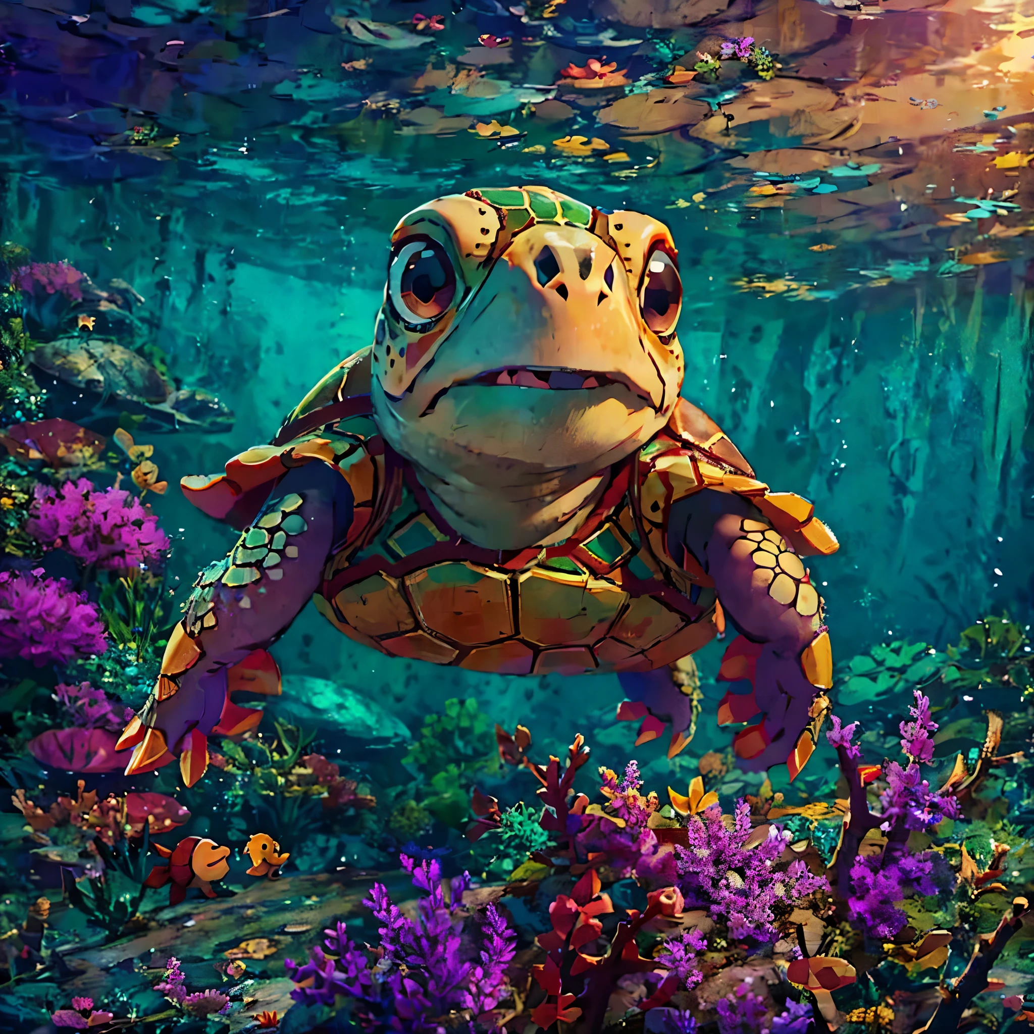 Loggerhead turtle,underwater, ultra high definition, masterpiece, high quality,big eyes,Super cute,Pixar style, best quality, stills,
