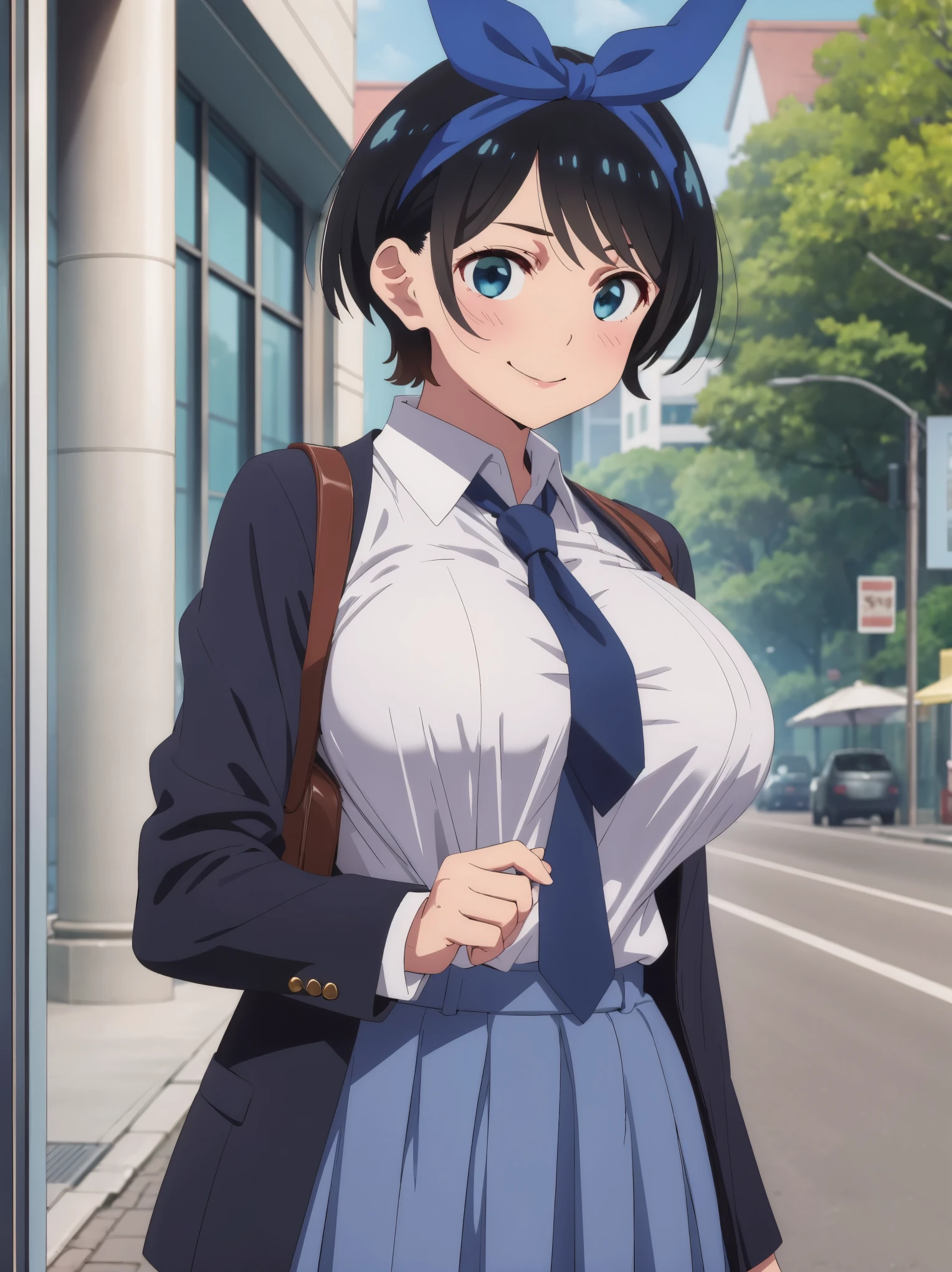 (((pixel-perfect, detail-perfect))), solo, 1girl, ruka sarashina, blue ribbon, big boobs, school uniform, necktie, looking at viewer, smile, in the park, upper body: 1