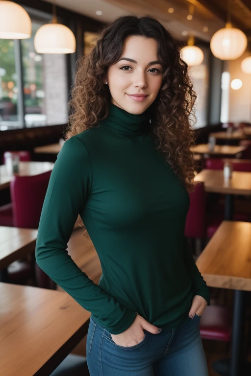 A beautiful portrait of a brune 31 yo woman, long and curly hair, green eyes, professional model pose, wearing a red tight turtleneck top, photorealistic, 4k, full body shot with Canon EOS 6D and a Canon 135mm f2 L lens at F2, very sharp, bokeh lights, day, in a restaurant, full body, profile