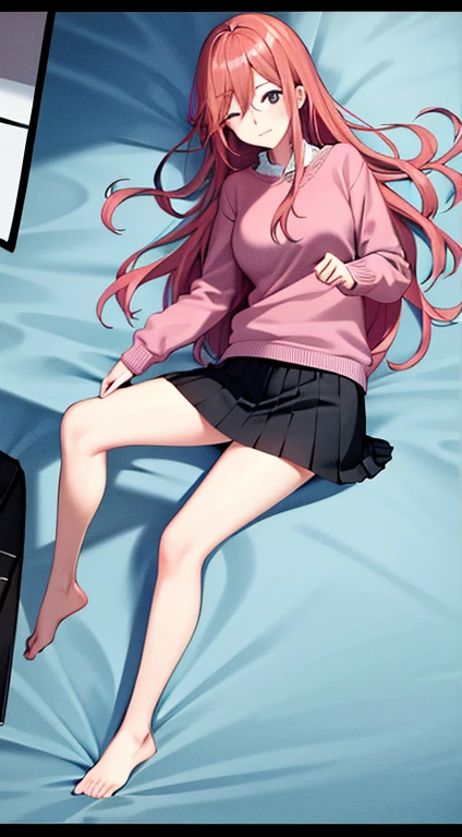 ((Best Quality)), ((Masterpiece)), (detailed), 1 girl, pajamas, pink hooded sweater, White socks, Pastel yellow hair, long hair, hair covers one eye, purple eyes, tight black shorts, big breasts, big thighs, expression smiling shy, background in a living room sitting on a sofa
