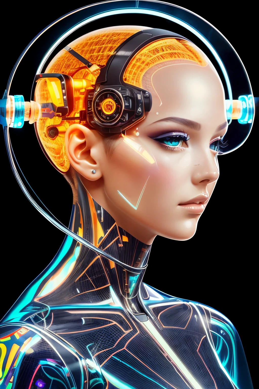 A captivating portrait of a cyborg astronaut woman, in front of a black backdrop, showcases her head without a body, intricately connected by cables and wires, illuminated by LED lights. Her iridescent, transparent plexiglass body, a punk PLC Robot design, accentuates her attractiveness. With plexiglass motor head and equipped with ray guns, she presents an 80-degree view, a mesmerizing art piece created by the masterful hands of Sergio Lopez, Natalie Shau, James Jean, and Salvador Dali. (Hyperdetailed:1.1), (Translucent:1.3), (
