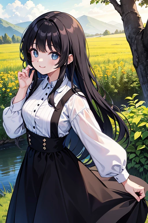 long back hair, black dress, white shirt, nature scenery, bright smile