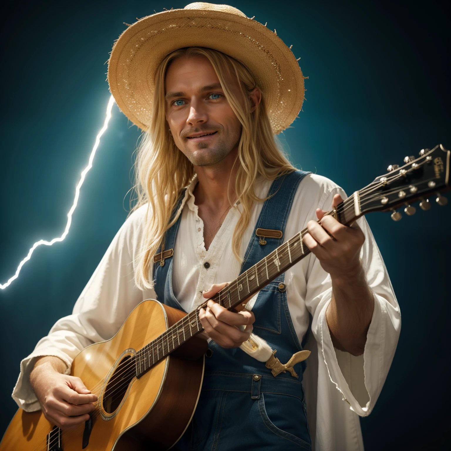 Jesus, appearing to be 30 years old with long, flowing blond hair and piercing blue eyes, descends from the clouds, strumming an electric guitar with a serene expression on his face. His robes billow out behind him, adding to the surreal scene. Below, Satan, a grotesque figure with red skin and horns, weeps bitterly, holding his head in his hands. To Satan's side stands a white man, dressed in a worn straw hat and overalls, playing a golden fiddle with a mischievous grin. His eyes twinkle as he exchanges playful glances with Jesus, who smiles back, the music between them harmonious and otherworld
