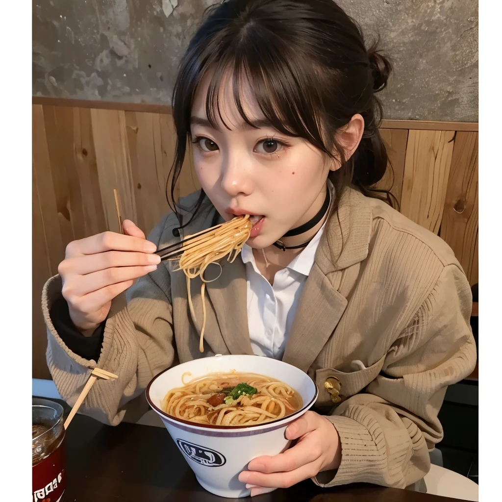 woman eating noodles with chopsticks in a restaurant with a brown wall, eating noodles, eating ramen, mukbang, noodles, ❤🔥🍄🌪, ulzzang, ramen, anime girl in real life, eating spaghetti, eating, chiho, sakimi chan, korean girl, shikamimi, [ realistic photo ]!!, sakimichan