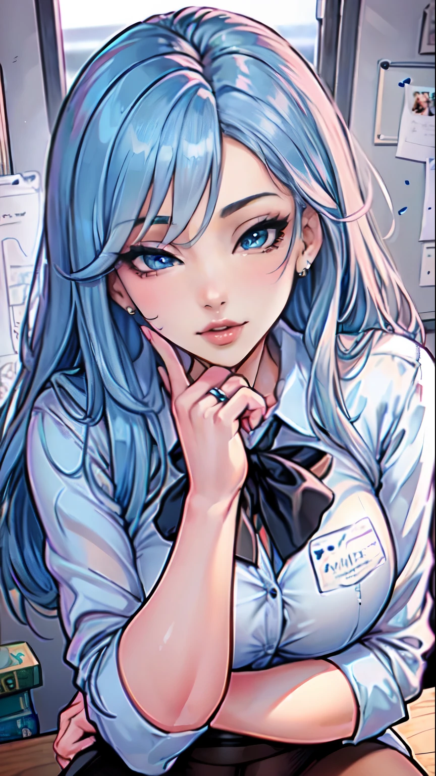 Masterpiece, raw,  beautiful art, professional artist, 8k, art style by sciamano240, very detailed face, very detailed hair, 1girl, perfectly drawn body, beautiful face, long hair, light blue hair , very detailed blue eyes, pouty lips , rosey cheeks, intricate details in eyes, looking straight at viewer , wearing office clothes , pencil skirt, black dior thigh boots,  in love with viewer expression, puckered lips , wedding ring , lipstick, office setting, 