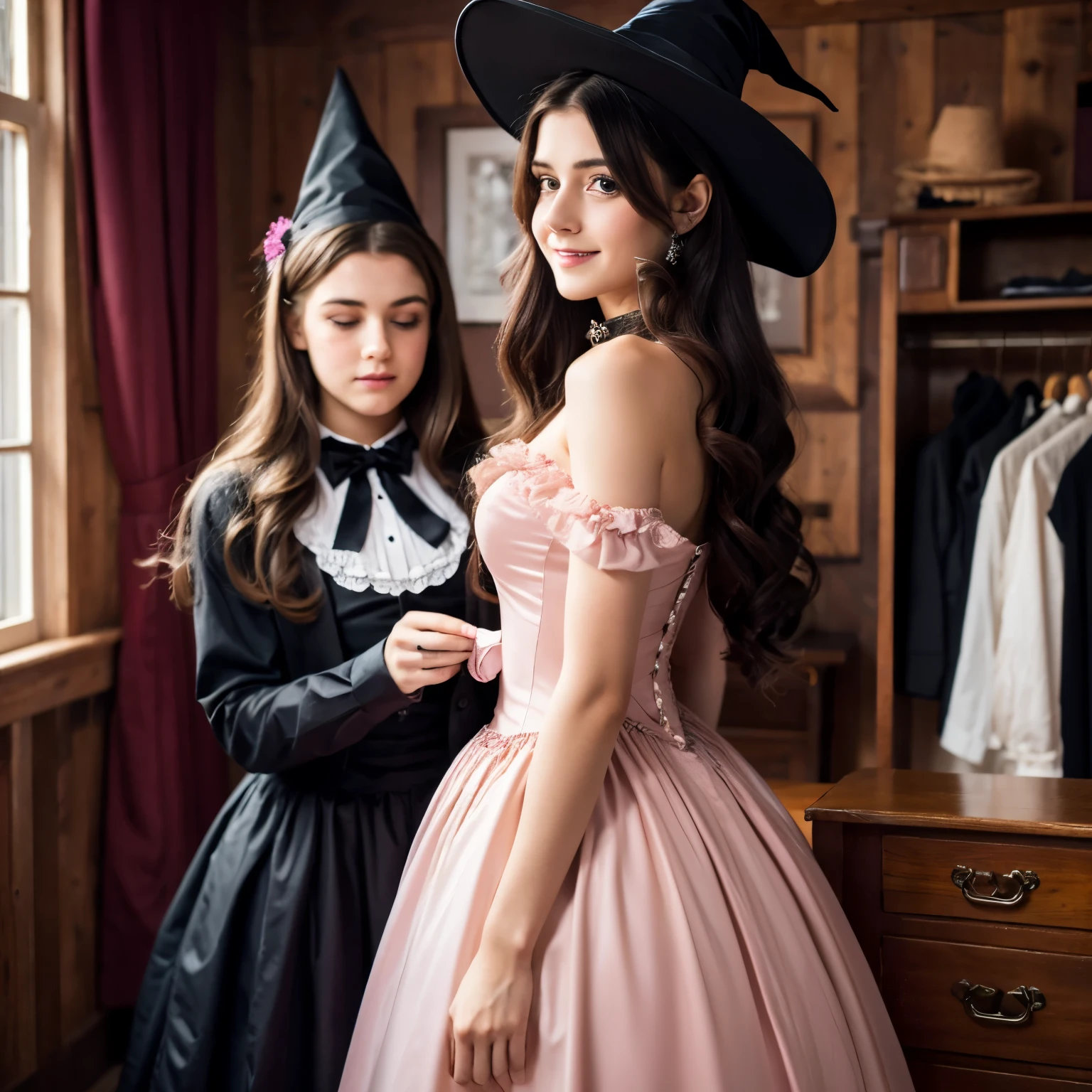 best quality,ultra-detailed,realistic,photorealistic,pink-eyed,long-haired girl looks happy,beautiful detailed eyes,beautiful detailed lips,long eyelashes,best quality portrait painting,detailed,physically-based rendering,ultra-fine painting,fine details,painting,a teenage boy has been magically transformed into a cute witch girl,gender bending,black victorian dress,stunning black victorian dress,girl happily getting dressed in a stunning black victorian dress, high heels, pink-eyed girl,effeminate face,pointy hat,pink eyes,long black hair,help getting dressed, witches assisting in dressing up,promptly helps the girl getting dressed in a stunning black Victorian dress, in a wooden cabin with old furniture and occult symbol, high resolution, 4K, 8K