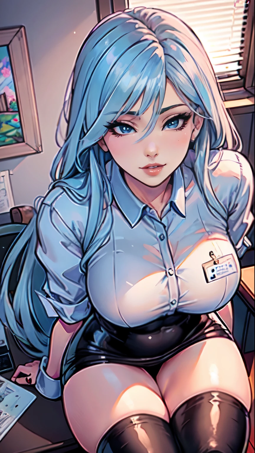 Masterpiece, raw,  beautiful art, professional artist, 8k, art style by sciamano240, very detailed face, very detailed hair, 1girl, perfectly drawn body, beautiful face, long hair, light blue hair , very detailed blue eyes, pouty lips , rosey cheeks, intricate details in eyes, looking straight at viewer , wearing office clothes , pencil skirt, black dior thigh boots,  in love with viewer expression, puckered lips , wedding ring , lipstick, office setting, 