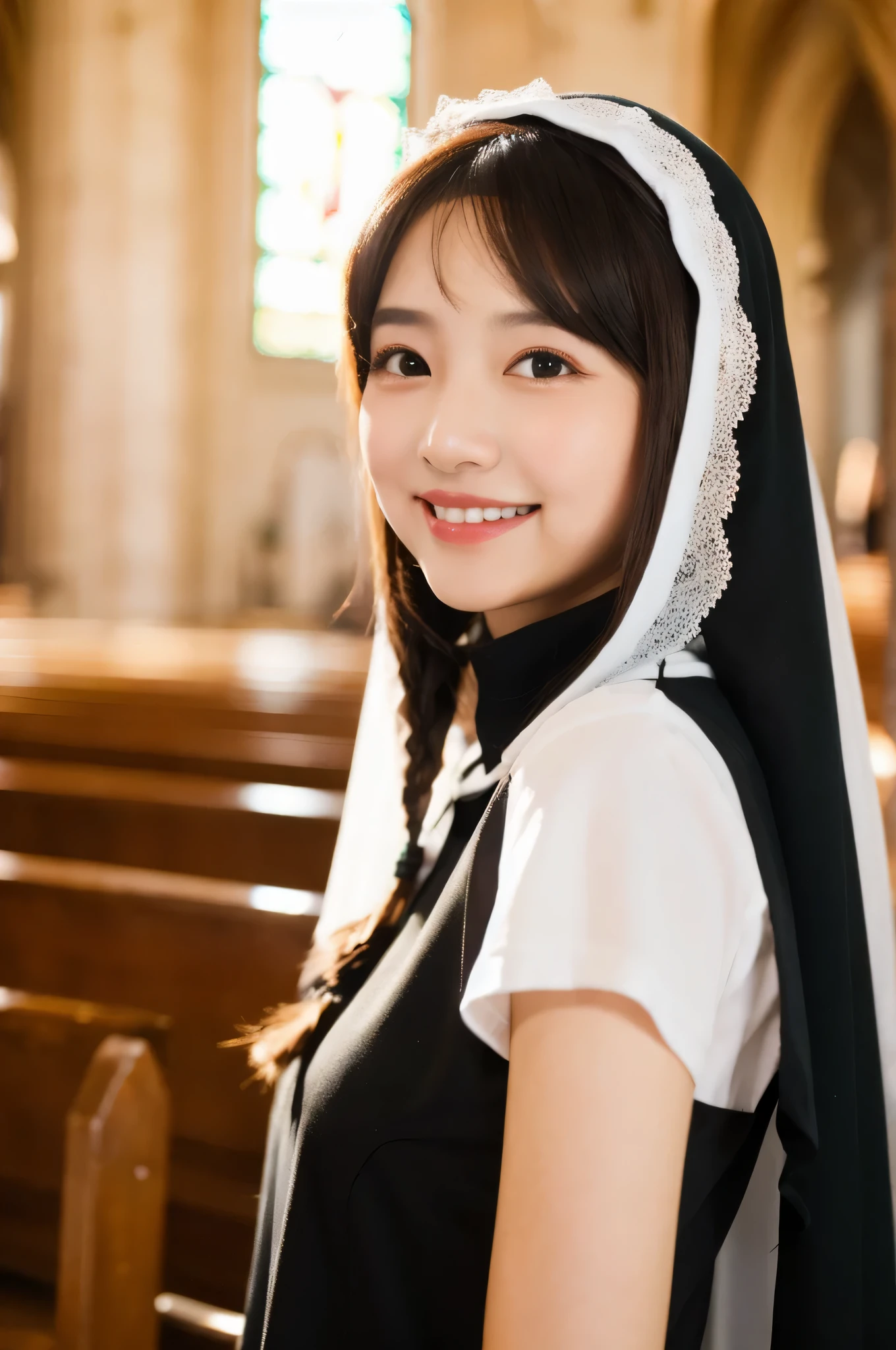 nun, girl, (background) church interior, gradient hair, cat ears, Smile, divine light, from above, ultra high definition, masterpiece