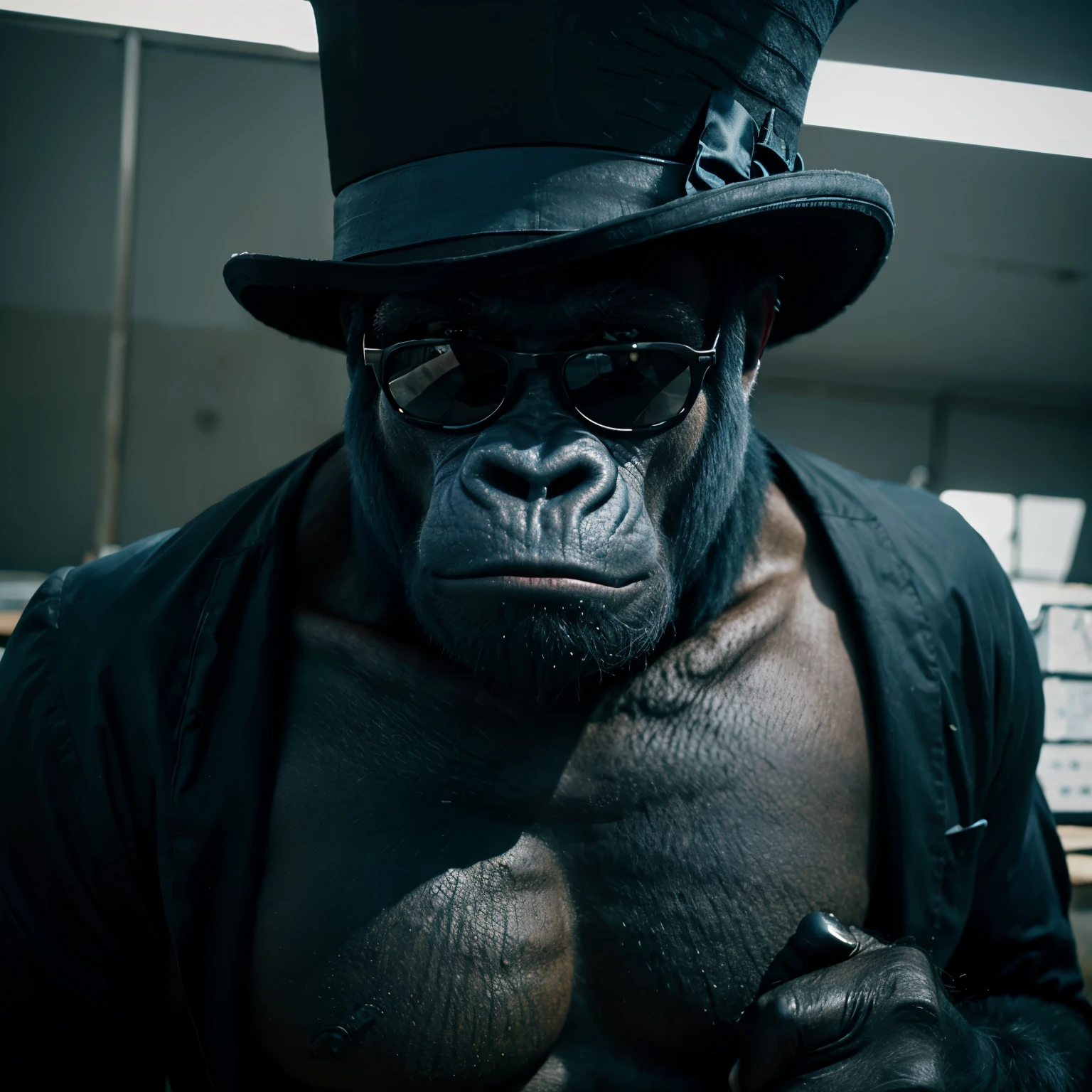 a huge blue gorilla with a big top hat and Square black sunglasses