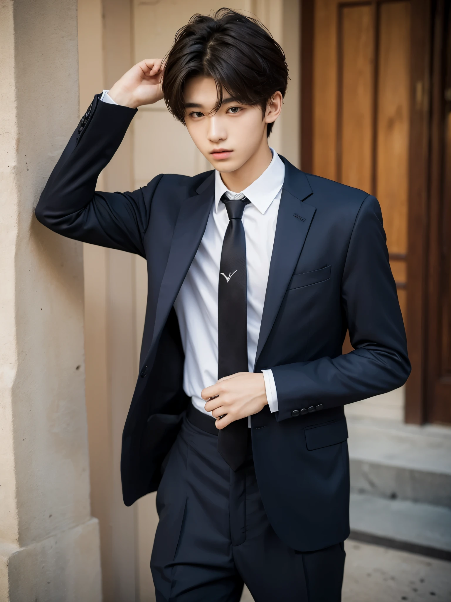 A brunette boy, in the garden, wearing a suit --auto --s2