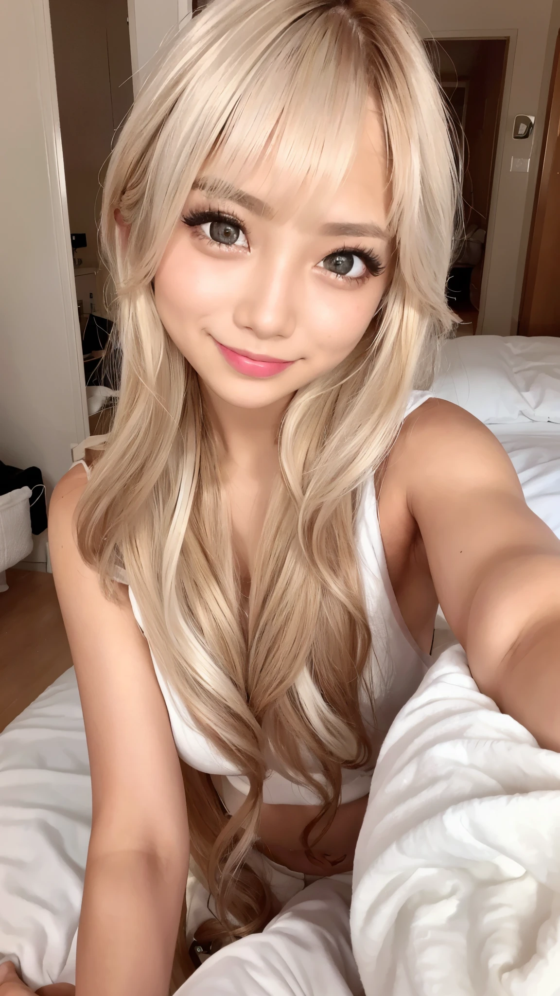 one woman、⦅Tanned skin 1.6⦆front、laying on back in bed、Inside the apartment、⦅smile1.6⦆、In pajamas、bright blonde、White Gal、medium hair、dark eyeliner、curly hair、