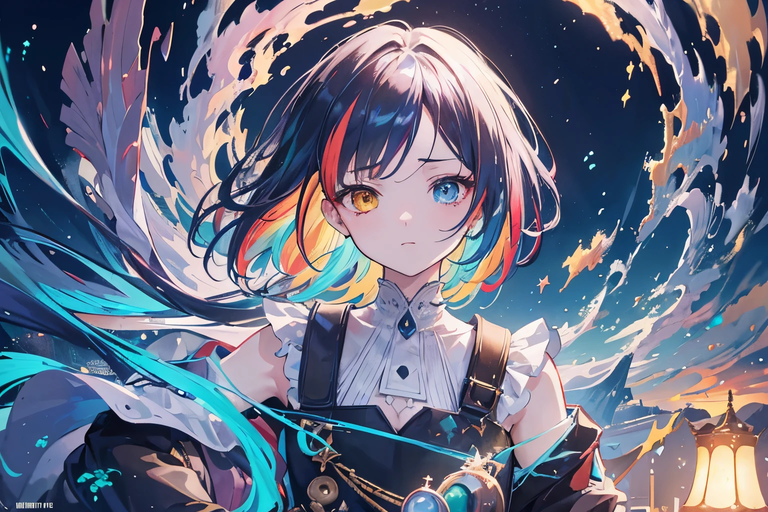 {{masutepiece}}, Best Quality, the Extremely Detailed CG Unity 8K Wallpapers, Cinematic lighting, Lens Flare, Beautiful detail eyes, Black, side glance, Multicolor Hair, Colorful light, Particle, Heterochromia, (Colorful:1.5), (Colorful hair:1.5), Generate a high-quality illustration of a boy or girl discovering treasure on the ocean floor. Craft a masterpiece with meticulous attention to detail, capturing the overall nostalgic and fantastical ambiance of the scene. Emphasize the sense of wonder and excitement as the young character stumbles upon the hidden underwater treasure. Aim for the best possible quality, delivering a visually enchanting and emotionally resonant composition best quality, masterpiece