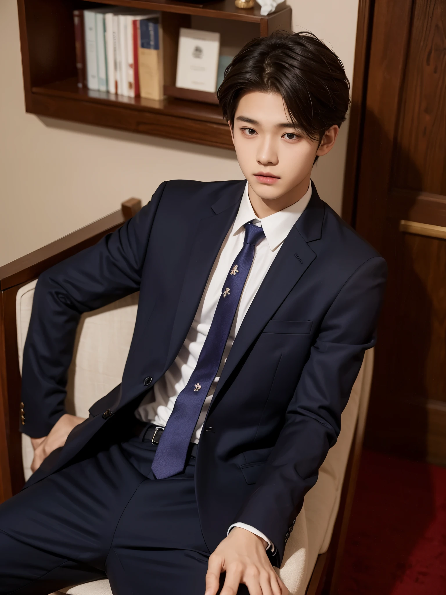 boy, 17 y.o, handsome, comma hair, suit, tie, high school