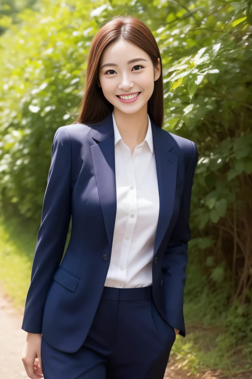 The face is a hostess、The clothes are business suits、high quality、surreal、healthy、smile、Perfect slender figure、beauty of japan、beautiful eyes、perfect face、beautiful skin、The background is a natural park