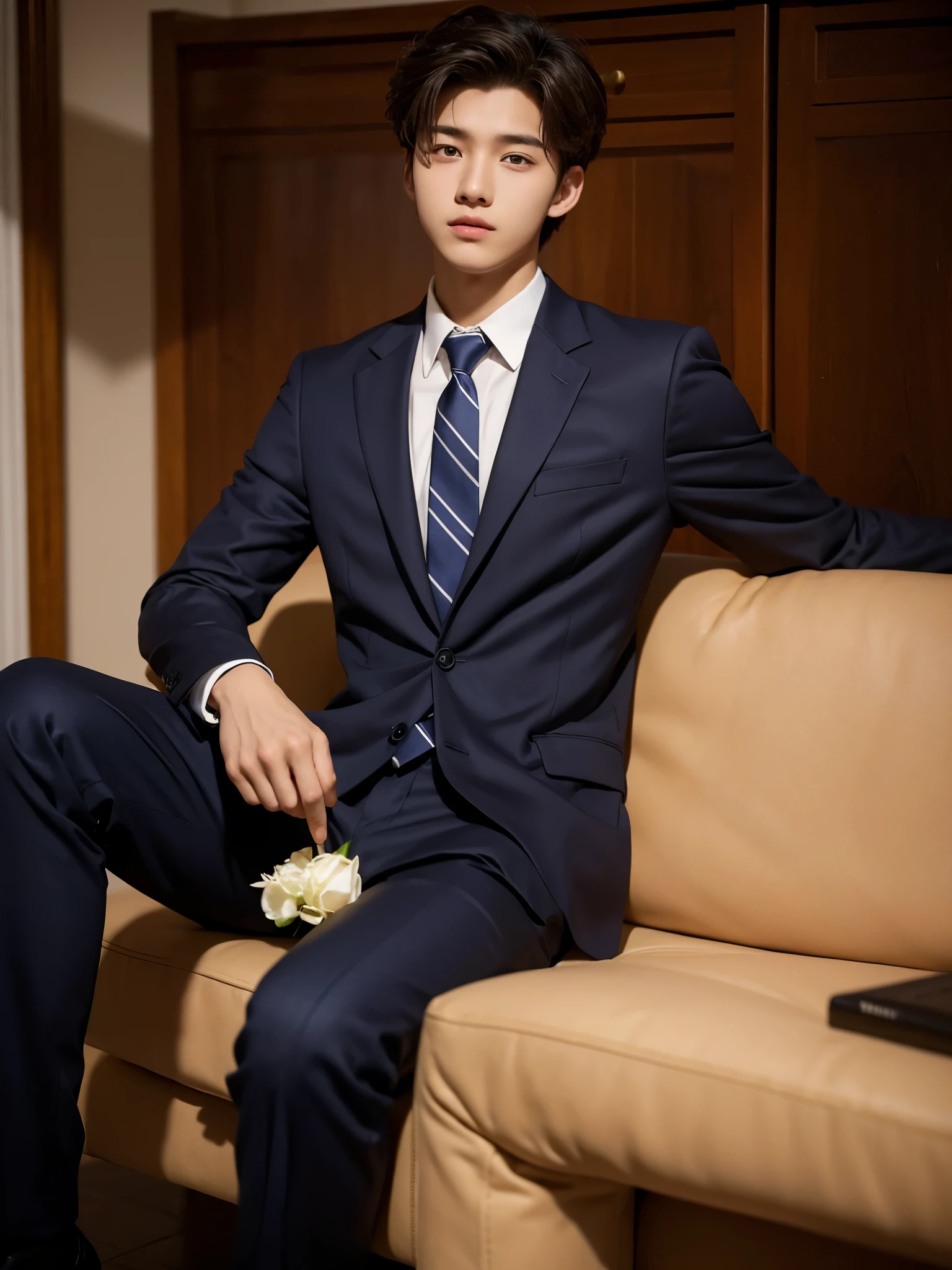 boy, 17 y.o, handsome, comma hair, suit, tie, high school