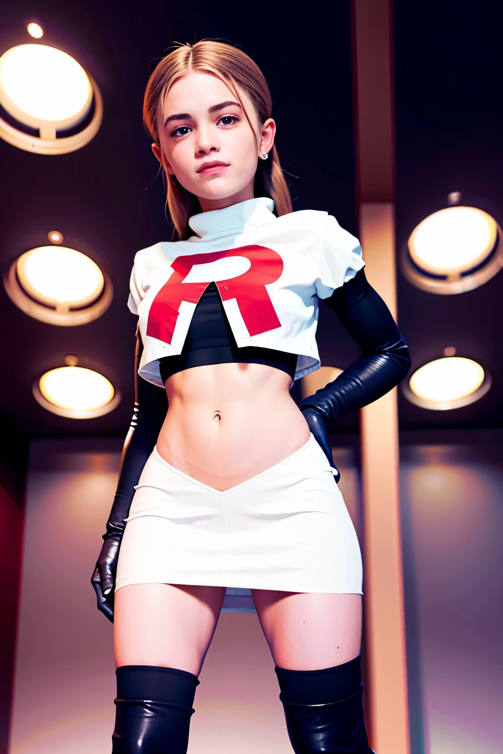 morganrosemoroney, a woman wearing team rocket,team rocket uniform,white skirt,red letter R,crop top,black thigh-highs,black elbow gloves,