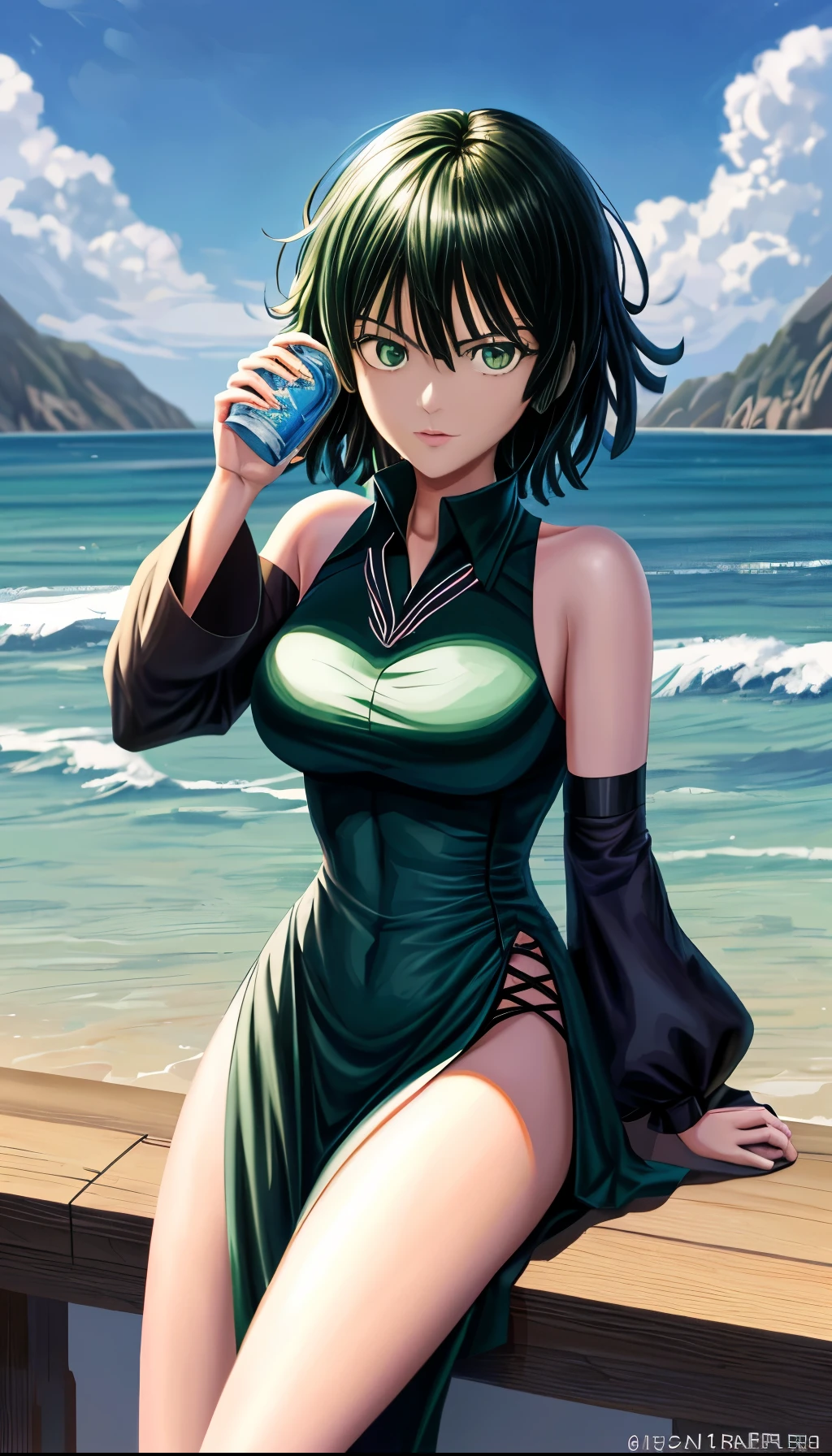 Chica de anime acostada en una cama con una botella de cerveza, Fubuki de One Punch Man, Fubuki, Fubuki con cabello verde rizado, en una playa, Fanart de alta calidad, en la playa, Tendencias en ArtStation Pixiv, Guweiz en Pixiv Artstation, Fanart exquisito altamente detallado, Artgerm extremadamente detallado, Arte Zerochan