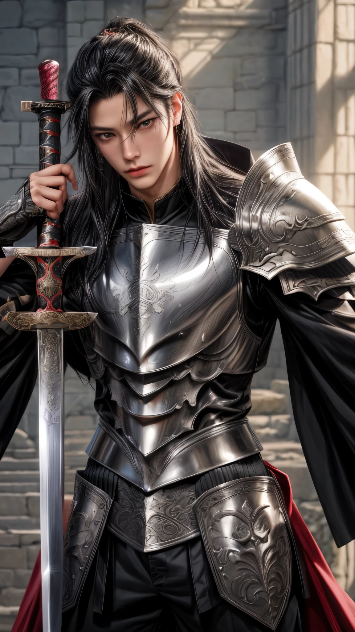 a close up of a man in armor holding a sword, extremely detailed artgerm, sylas, ig model | artgerm, artgerm detailed, artgerm. high detail, g liulian art style, range murata and artgerm, artgerm jsc, ! dream artgerm, inspired by Huang Shen, casimir art, lancelot extreme realistic