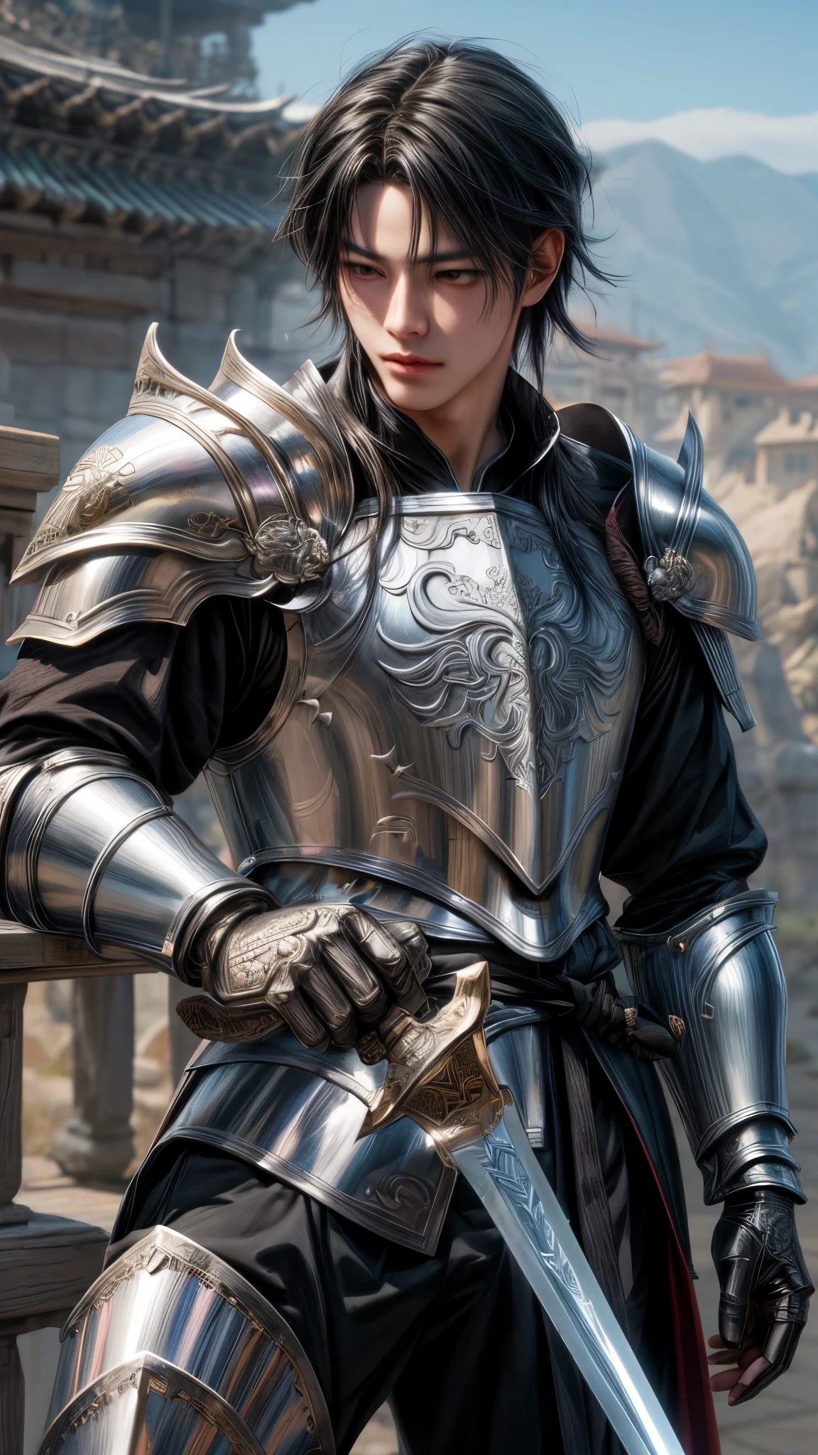 a close up of a man in armor holding a sword, extremely detailed artgerm, sylas, ig model | artgerm, artgerm detailed, artgerm. high detail, g liulian art style, range murata and artgerm, artgerm jsc, ! dream artgerm, inspired by Huang Shen, casimir art, lancelot extreme realistic