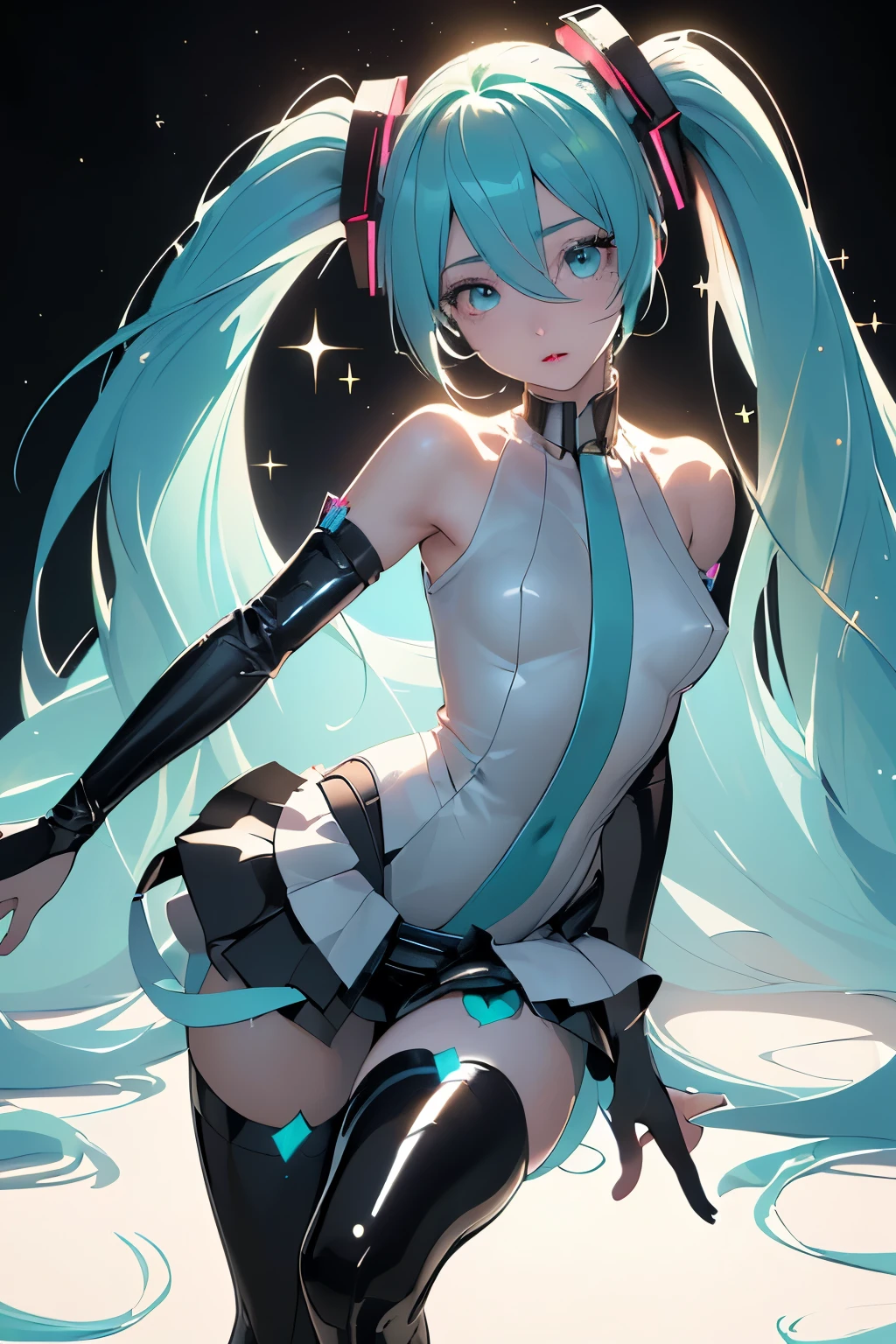 (((1girl))), (((Waifu, VOCALOID, Miku Hatsune Waifu))), (((Long Hair, Twintails Hair))), ((Cyan Eyes eyes:1.3, Upturned Eyes: 1, Perfect Eyes, Beautiful Detailed Eyes, Gradient eyes: 1, Finely Detailed Beautiful Eyes: 1, Symmetrical Eyes: 1, Big Highlight On Eyes: 1.2)), (((Lustrous Skin: 1.5, Bright Skin: 1.5, Skin Fair, Shiny Skin, Very Shiny Skin, Shiny Body, Plastic Glitter Skin, Exaggerated Shiny Skin, Illuminated Skin))), (Detailed Body, (Detailed Face)), (Best Quality), Shirt, Loose Skirt, Garter Belt, Stockings, High Resolution, Sharp Focus, Ultra Detailed, Extremely Detailed, Extremely High Quality Artwork, (Realistic, Photorealistic: 1.37), 8k_Wallpaper, (Extremely Detailed CG 8k), (Very Fine 8K CG), ((Hyper Super Ultra Detailed Perfect Piece)), (((Flawlessmasterpiece))), Illustration, Vibrant Colors, (Intricate), High Contrast, Selective Lighting, Double Exposure, HDR (High Dynamic Range), Post-processing, Background Blur, Inky Shadows, Darker Shadows, Thick Shadows, High Quality Shadows, high detail, realistic, Cinematic Light, sidelighting, Lens Flare, Ray tracing, sharp focus,