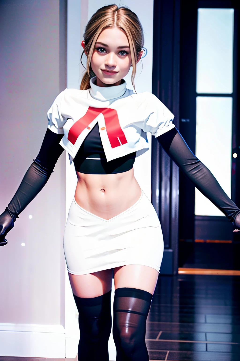 morganrosemoroney, a woman wearing team rocket,team rocket uniform,white skirt,red letter R,crop top,black thigh-highs,black elbow gloves,