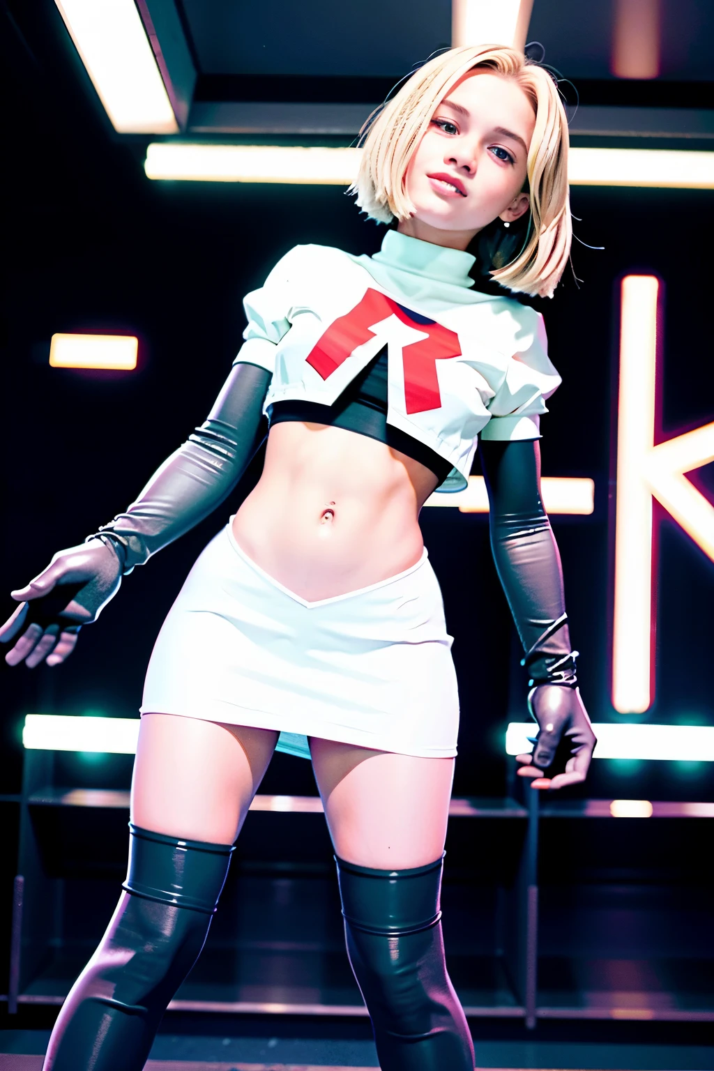 morganrosemoroney, a woman wearing team rocket,team rocket uniform,white skirt,red letter R,crop top,black thigh-highs,black elbow gloves,