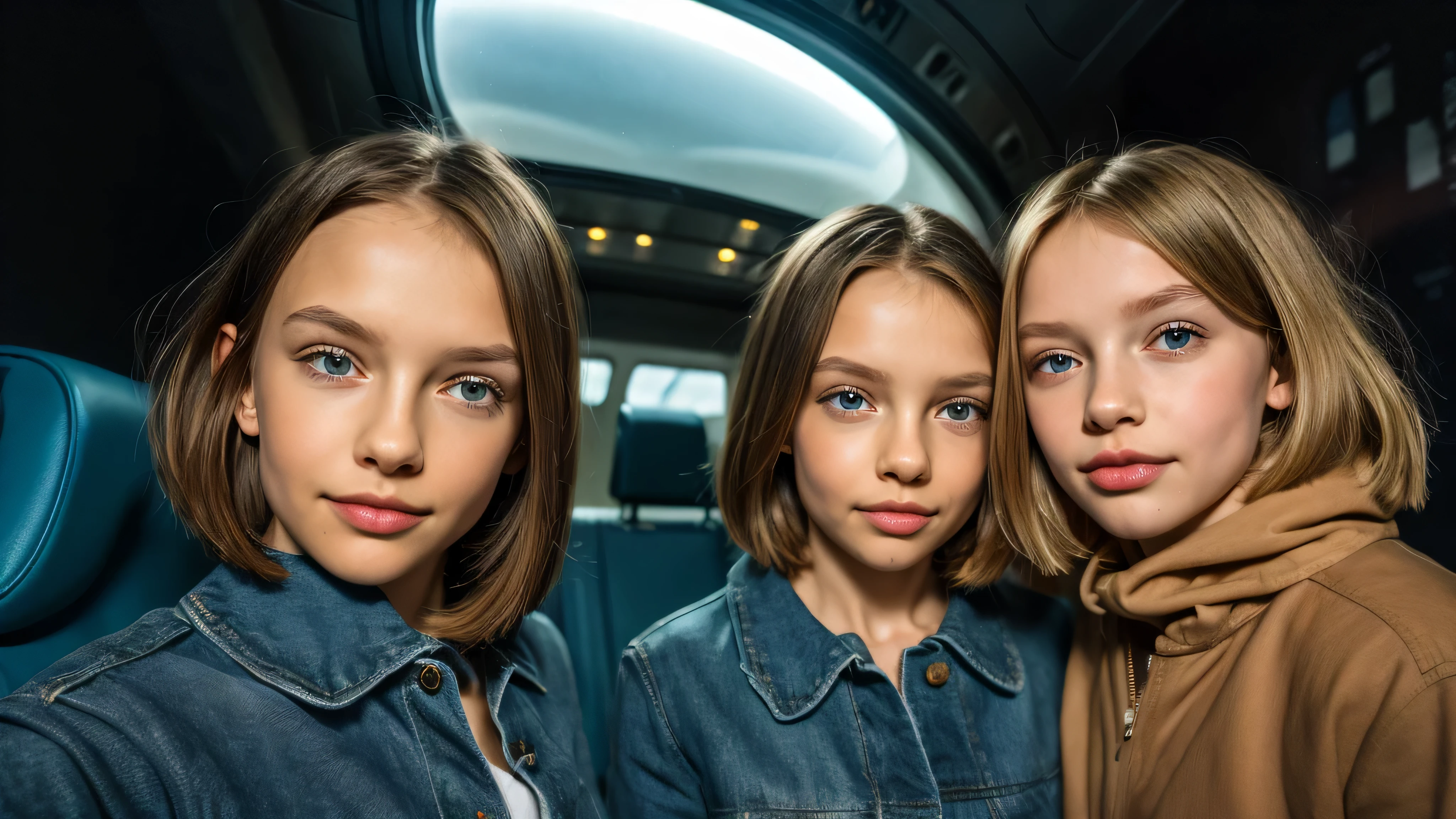 Two female cadets in a cabin on an old deep space starship like the Nostromo. Short blonde haircut. Haar mit Undercut. Sehr blasse Haut. Rundes weiches Gesicht. Rundes, weiches Kinn. Runde weiche Wangen. Geschwungene Lippen. stupsige Nase. dunkelbraune Augen. zur Kamera gerichtete Augen. very thin, thin eyebrows. Schlank. kleine Brust. lange dicke Beine. freundlich. Art. androgyn. Burschikos. Wears the rugged clothing. Hintergrund: A very worn down starship that has seen decades of duty