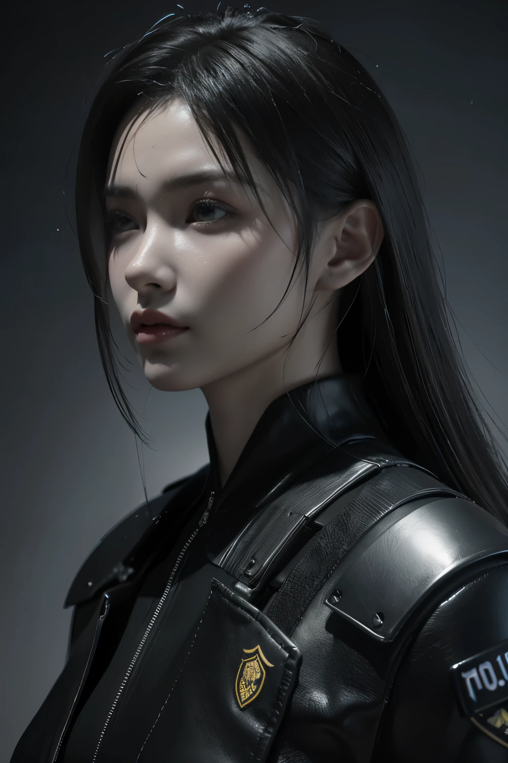 Game art，The best picture quality，Highest resolution，8K，((A bust photograph))，((Portrait))，(Rule of thirds)，Unreal Engine 5 rendering works， (The Girl of the Future)，(Female Warrior)， 22岁少女，(Female hackers)，(Mauve gradation of hair，Long hair casual)，(A beautiful eye full of detail)，(Big breasts)，(Eye shadow)，优雅迷人，微笑，(皱眉)，(A futuristic military jacket，Underwear full of technology，The costume combines the characteristics of a police uniform，Joint Armor，A fine badge and pattern)，赛博朋克人物，未来风格， 拍照姿势，城市背景，Movie lights，Ray tracing，Game CG，((3D Unreal Engine))，oc渲染反射纹