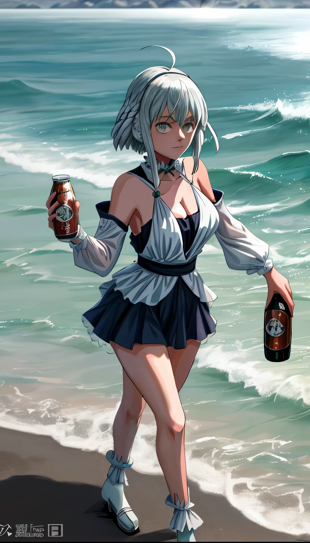 Chica de anime acostada en una cama con una botella de cerveza, Fubuki de One Punch Man, Fubuki, Fubuki con cabello verde rizado, en una playa, Fanart de alta calidad, en la playa, Tendencias en ArtStation Pixiv, Guweiz en Pixiv Artstation, Fanart exquisito altamente detallado, Artgerm extremadamente detallado, Arte Zerochan